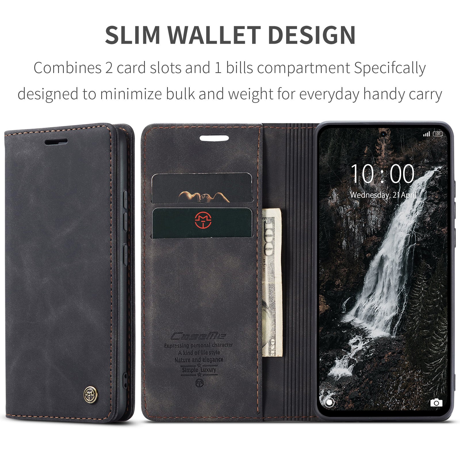 For Xiaomi Redmi Note 14 5G Case CASEME 013 Series Card Holder Stand Leather Phone Cover - Black