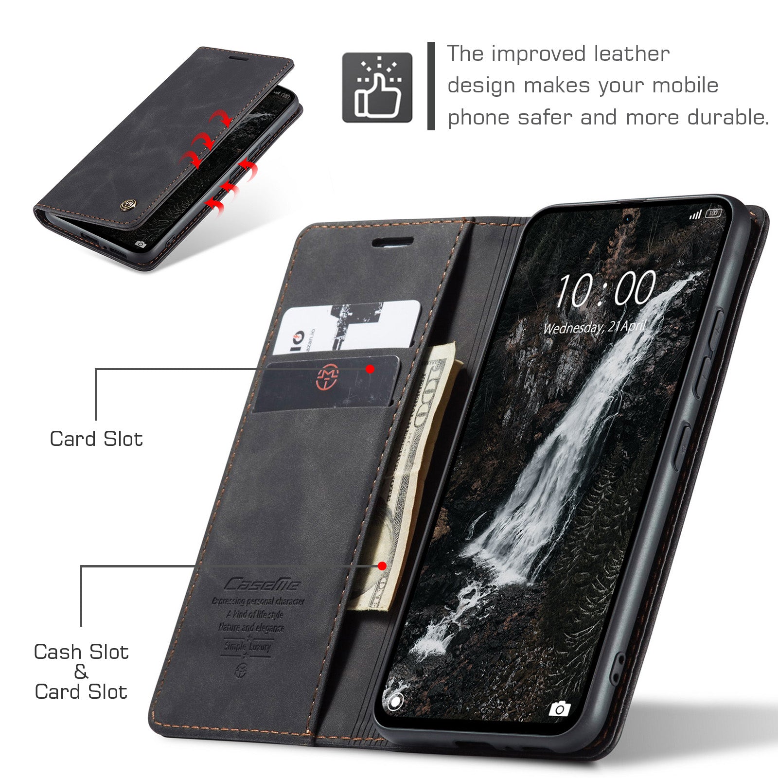 For Xiaomi Redmi Note 14 5G Case CASEME 013 Series Card Holder Stand Leather Phone Cover - Black