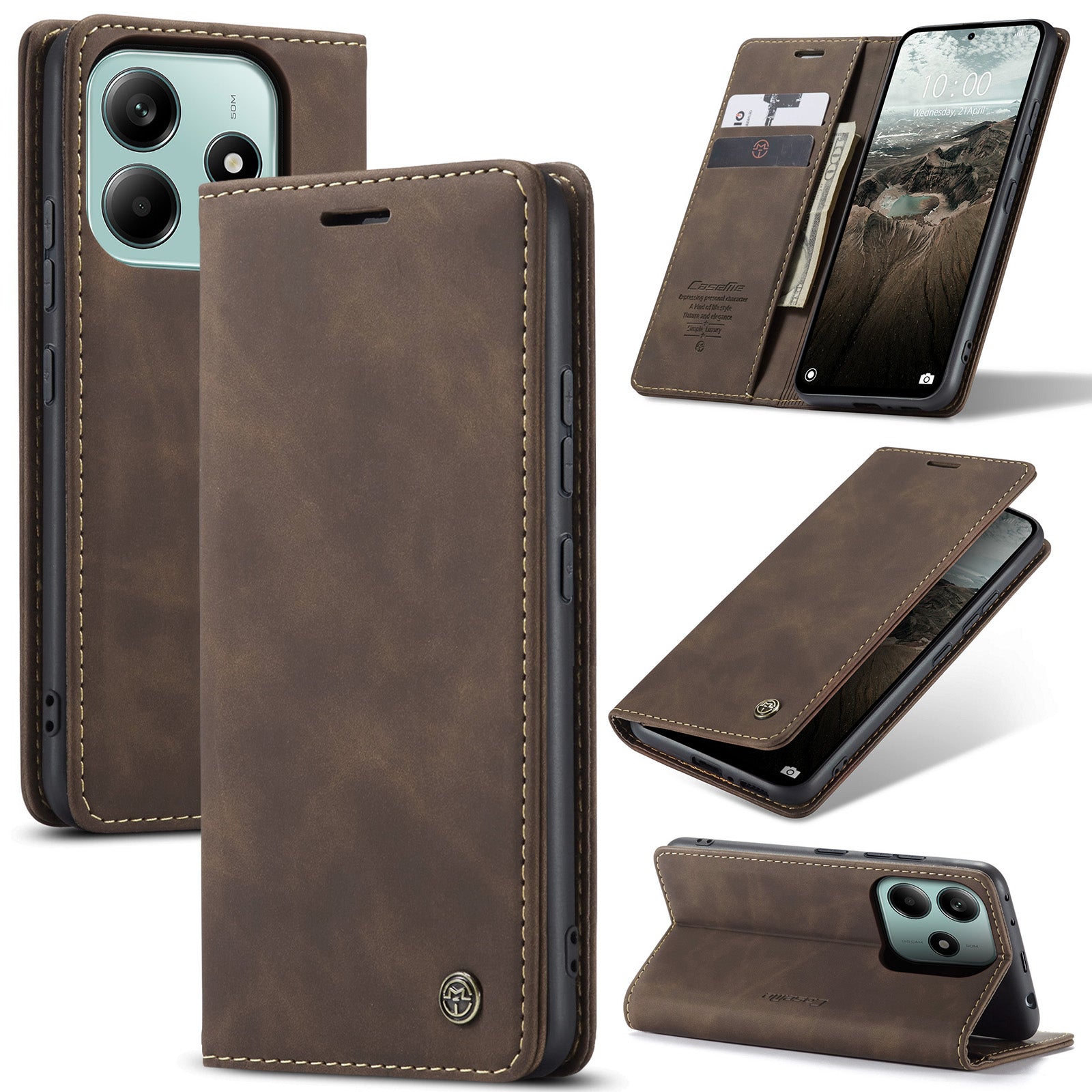 For Xiaomi Redmi Note 14 5G Case CASEME 013 Series Card Holder Stand Leather Phone Cover - Coffee