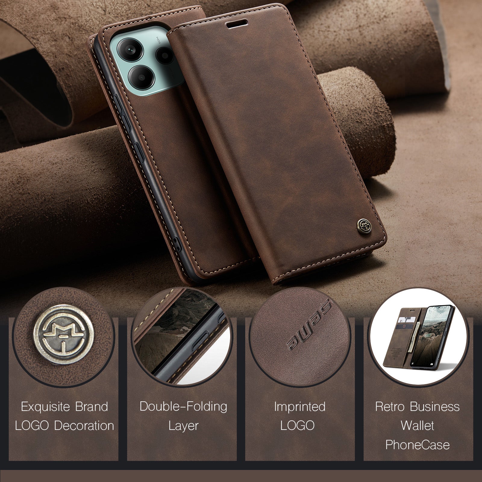 For Xiaomi Redmi Note 14 5G Case CASEME 013 Series Card Holder Stand Leather Phone Cover - Coffee