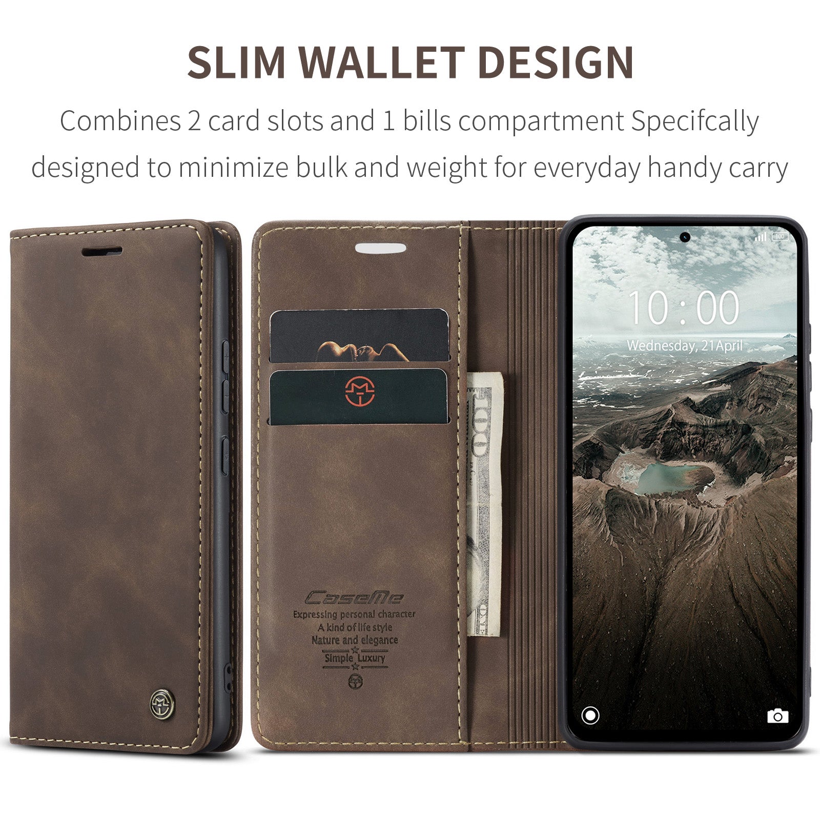 For Xiaomi Redmi Note 14 5G Case CASEME 013 Series Card Holder Stand Leather Phone Cover - Coffee