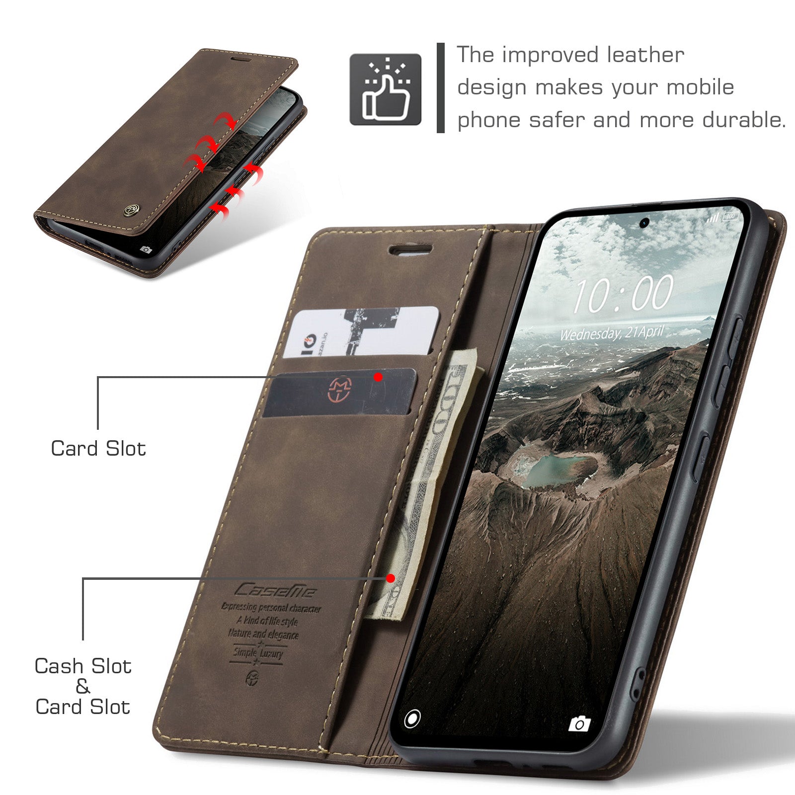 For Xiaomi Redmi Note 14 5G Case CASEME 013 Series Card Holder Stand Leather Phone Cover - Coffee