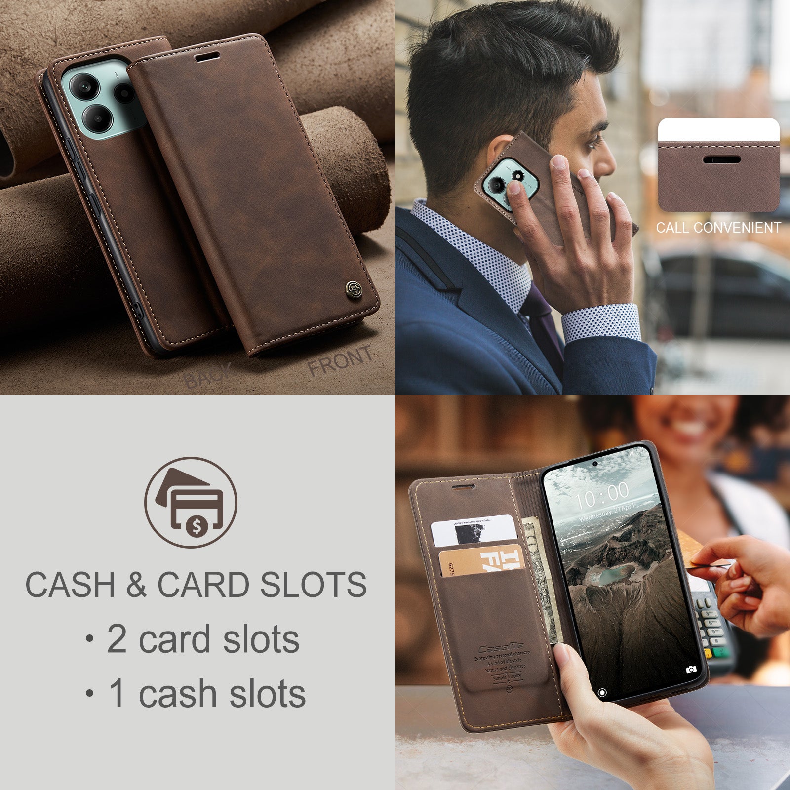 For Xiaomi Redmi Note 14 5G Case CASEME 013 Series Card Holder Stand Leather Phone Cover - Coffee