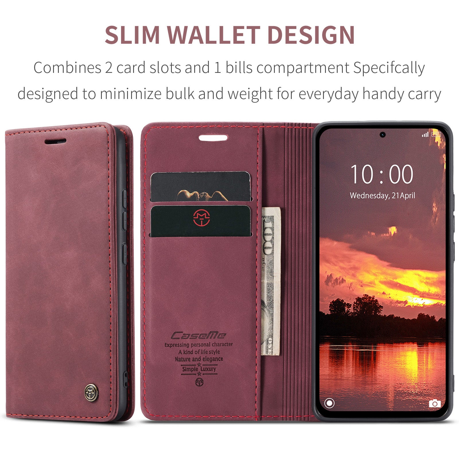 For Xiaomi Redmi Note 14 5G Case CASEME 013 Series Card Holder Stand Leather Phone Cover - Red