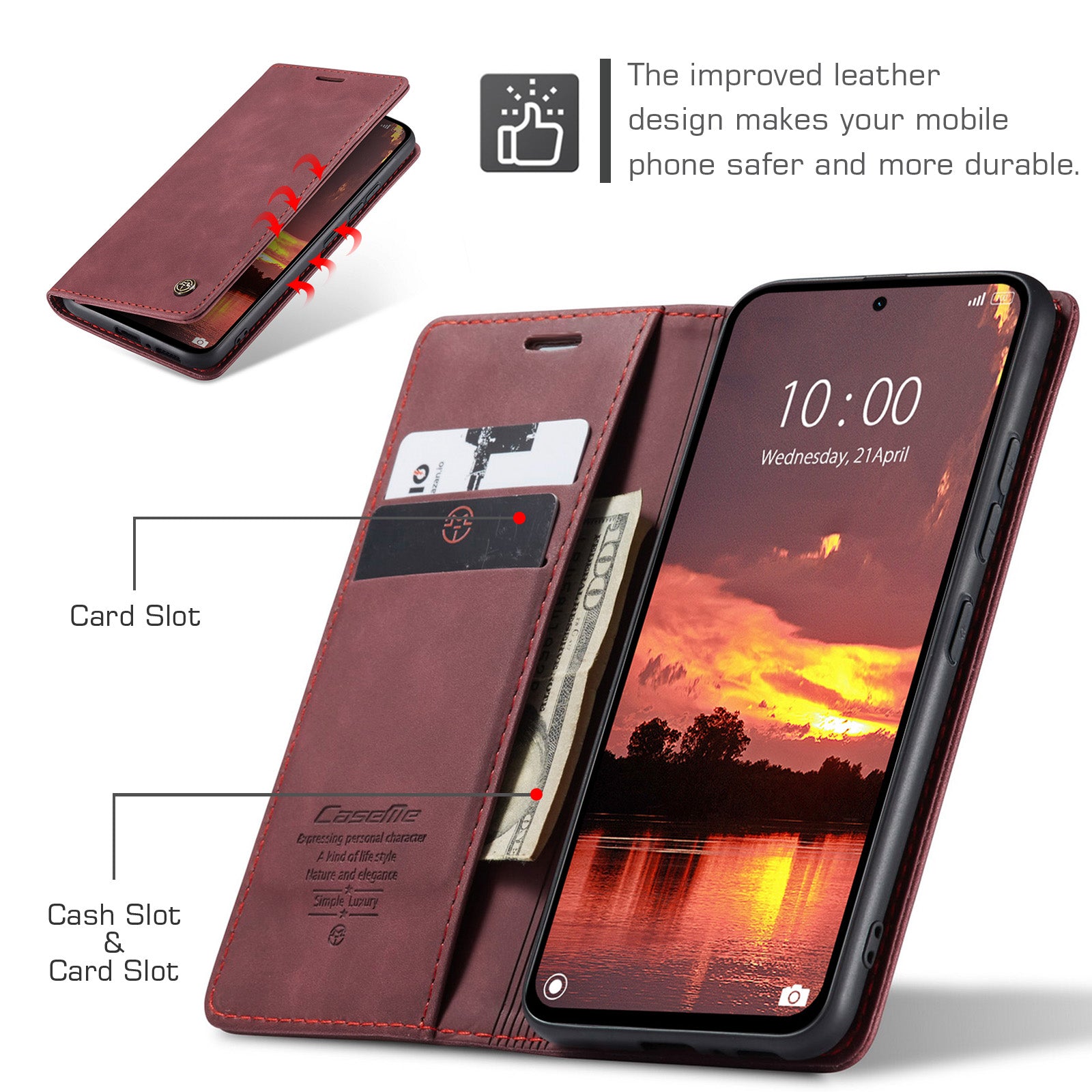 For Xiaomi Redmi Note 14 5G Case CASEME 013 Series Card Holder Stand Leather Phone Cover - Red