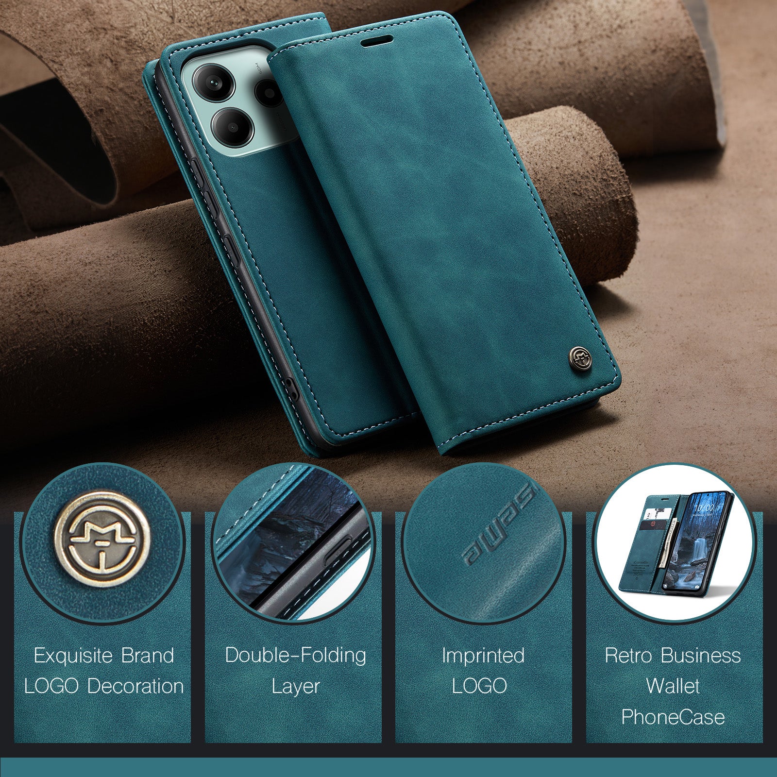 For Xiaomi Redmi Note 14 5G Case CASEME 013 Series Card Holder Stand Leather Phone Cover - Blue