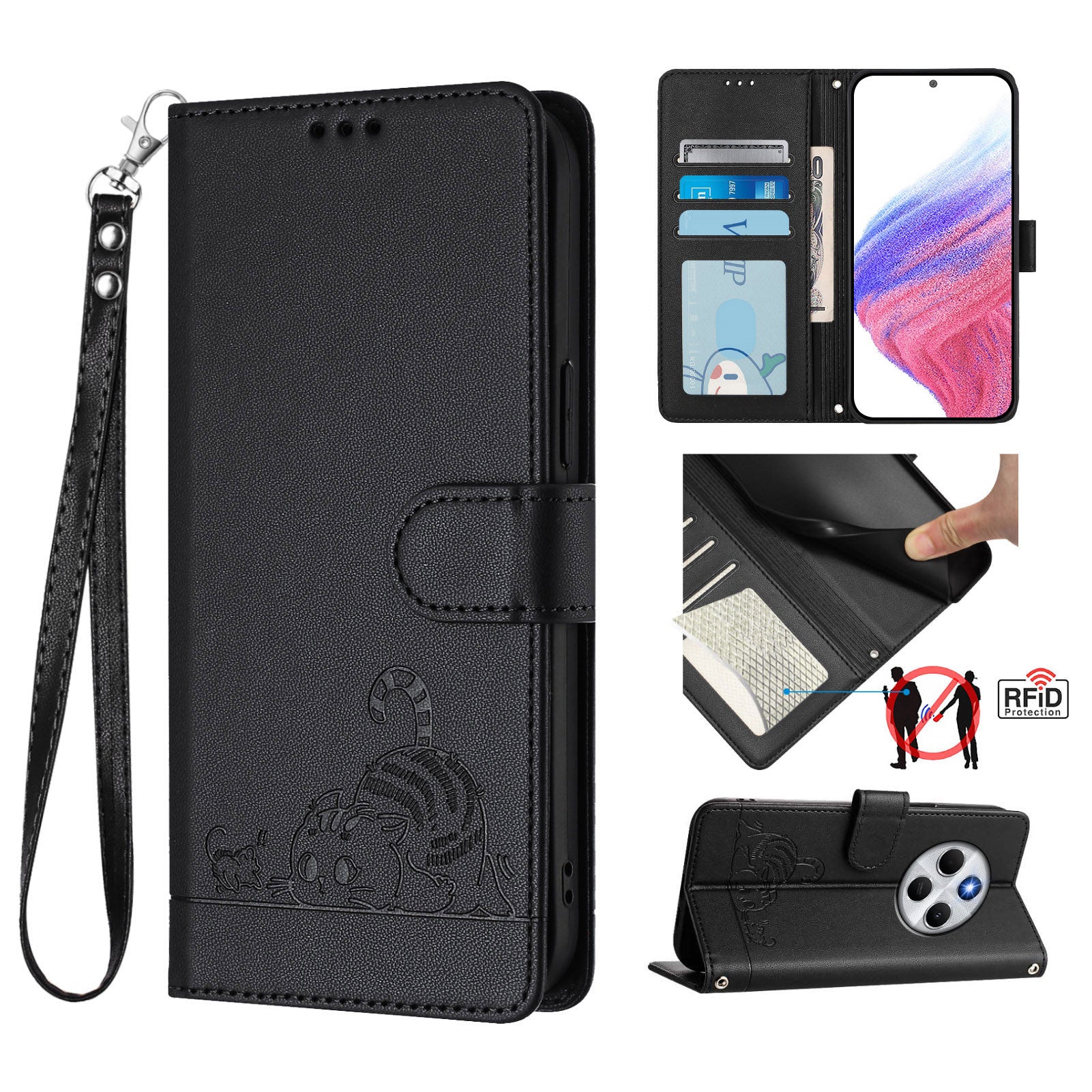 For Xiaomi Redmi 14R 5G / Xiaomi Poco C75 4G / Xiaomi Redmi 14C 4G Case with Strap RFID Blocking Leather Wallet Phone Cover Cat Mouse Pattern - Black