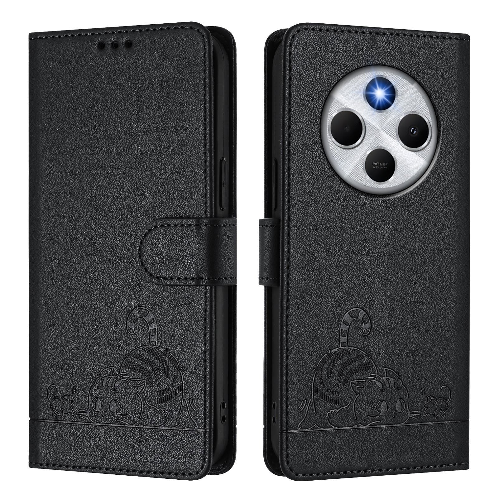 For Xiaomi Redmi 14R 5G / Xiaomi Poco C75 4G / Xiaomi Redmi 14C 4G Case with Strap RFID Blocking Leather Wallet Phone Cover Cat Mouse Pattern - Black