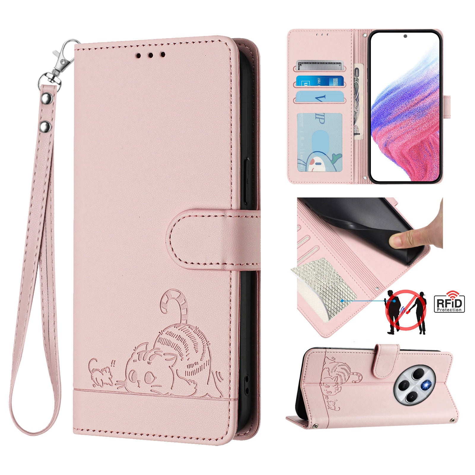 For Xiaomi Redmi 14R 5G / Xiaomi Poco C75 4G / Xiaomi Redmi 14C 4G Case with Strap RFID Blocking Leather Wallet Phone Cover Cat Mouse Pattern - Pink