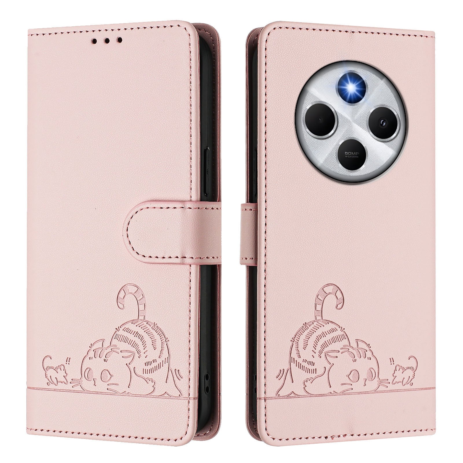 For Xiaomi Redmi 14R 5G / Xiaomi Poco C75 4G / Xiaomi Redmi 14C 4G Case with Strap RFID Blocking Leather Wallet Phone Cover Cat Mouse Pattern - Pink