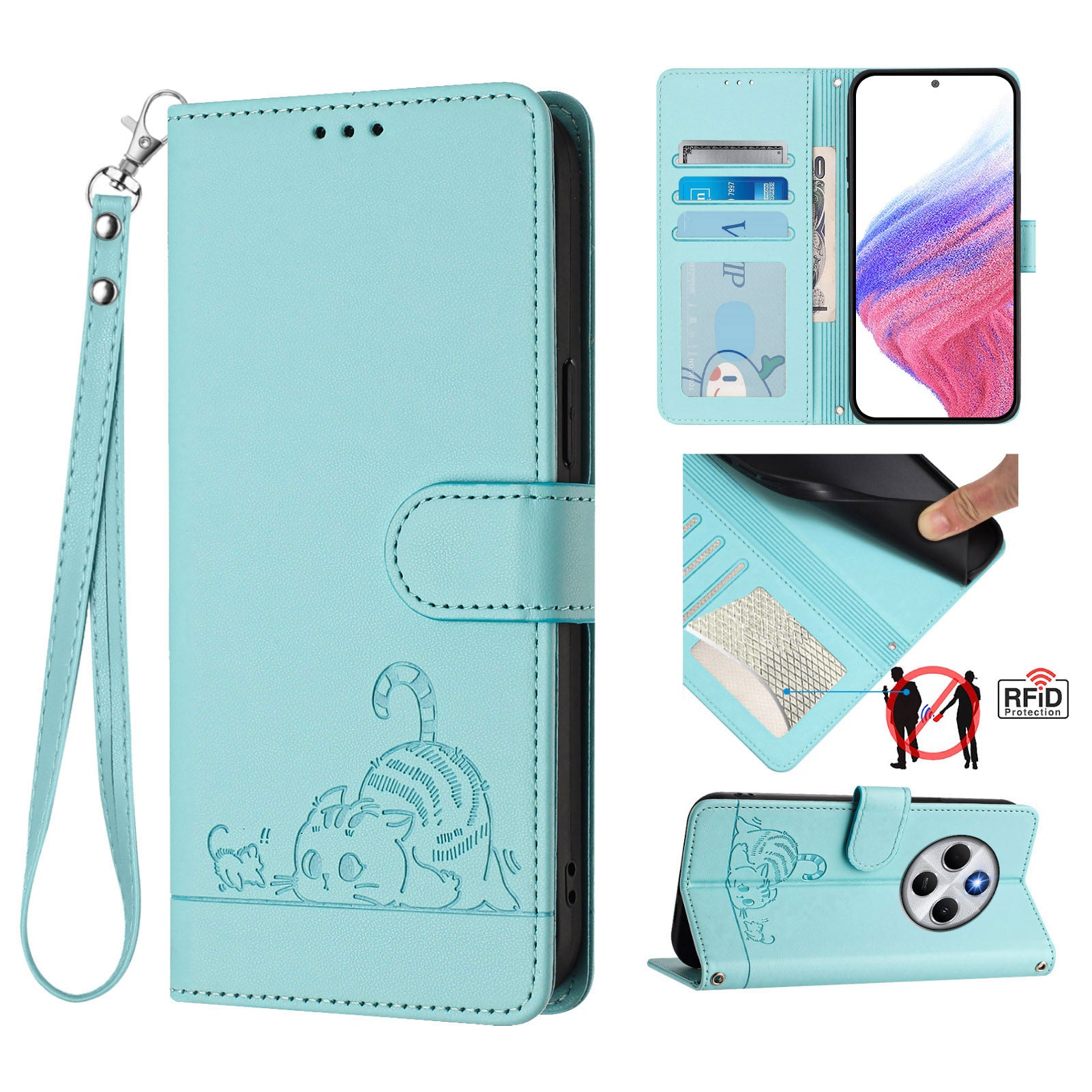 For Xiaomi Redmi 14R 5G / Xiaomi Poco C75 4G / Xiaomi Redmi 14C 4G Case with Strap RFID Blocking Leather Wallet Phone Cover Cat Mouse Pattern - Mint Green