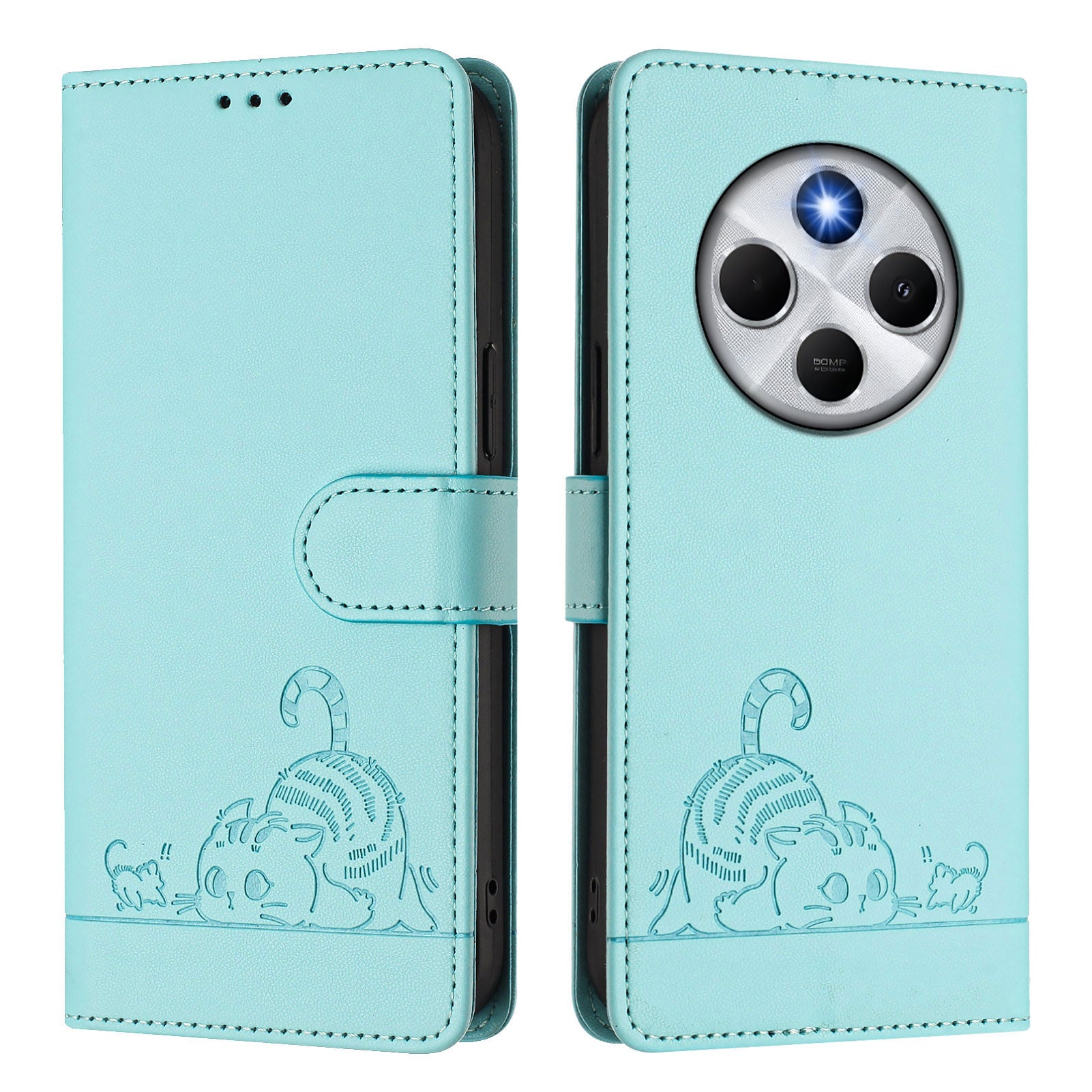 For Xiaomi Redmi 14R 5G / Xiaomi Poco C75 4G / Xiaomi Redmi 14C 4G Case with Strap RFID Blocking Leather Wallet Phone Cover Cat Mouse Pattern - Mint Green