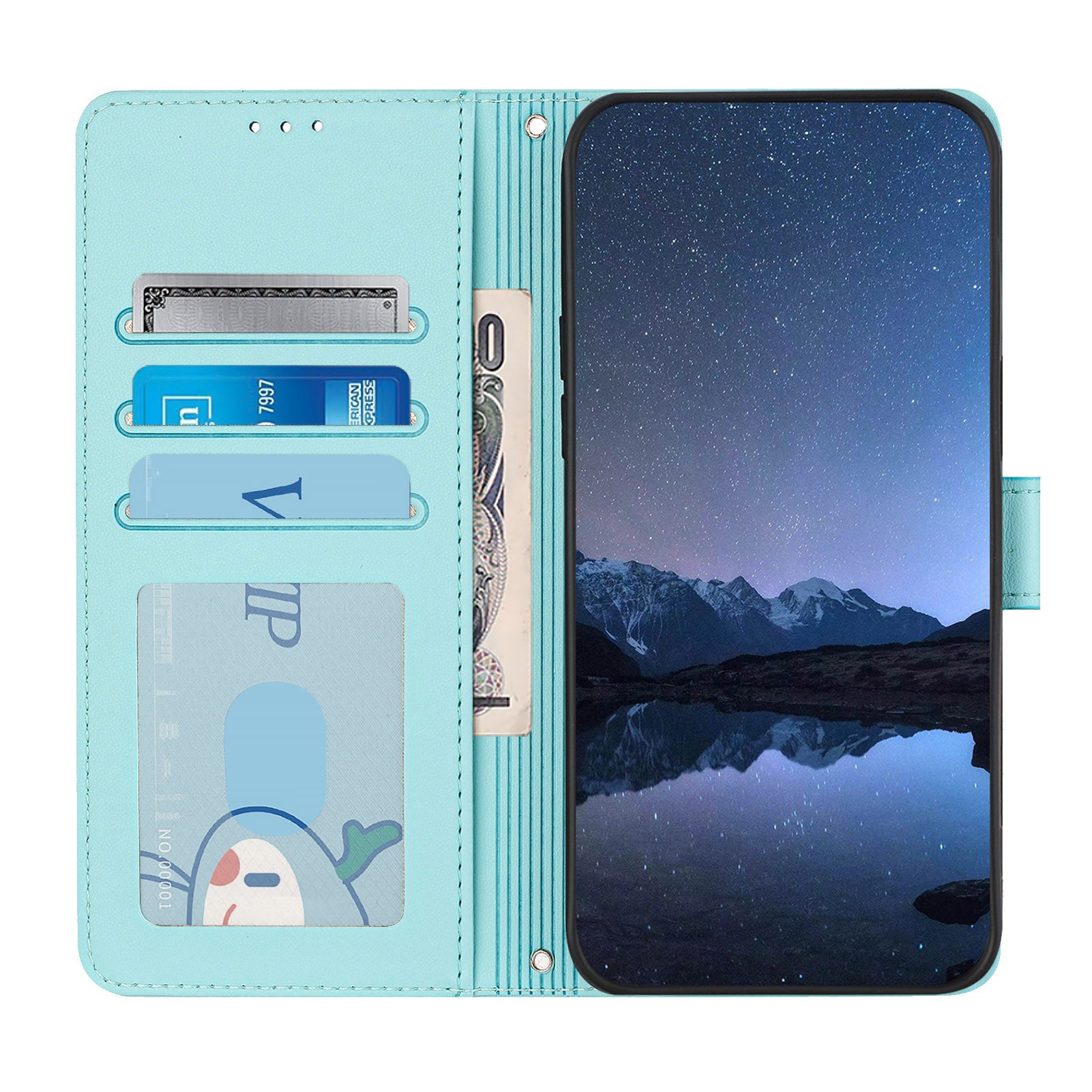 For Xiaomi Redmi 14R 5G / Xiaomi Poco C75 4G / Xiaomi Redmi 14C 4G Case with Strap RFID Blocking Leather Wallet Phone Cover Cat Mouse Pattern - Mint Green