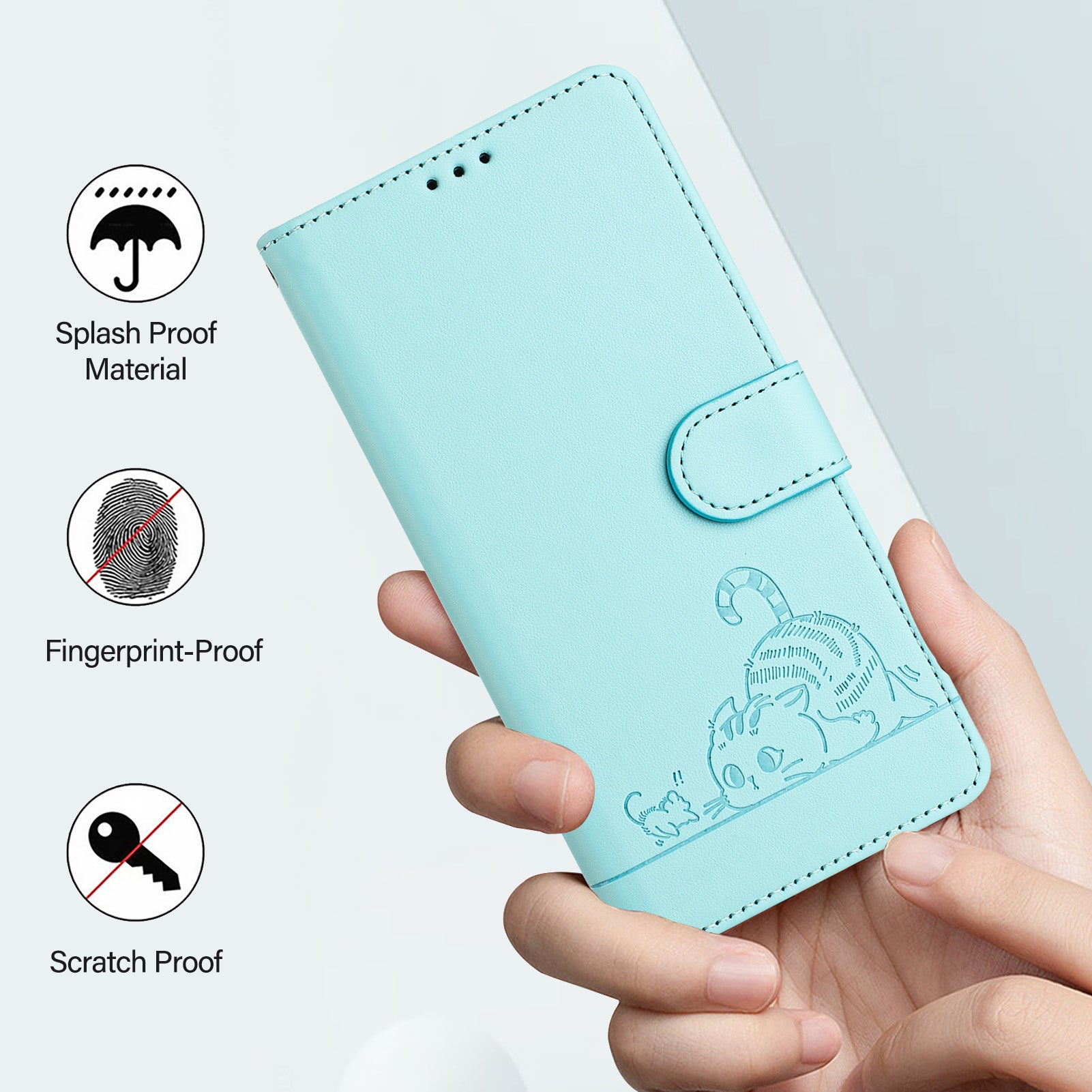 For Xiaomi Redmi 14R 5G / Xiaomi Poco C75 4G / Xiaomi Redmi 14C 4G Case with Strap RFID Blocking Leather Wallet Phone Cover Cat Mouse Pattern - Mint Green