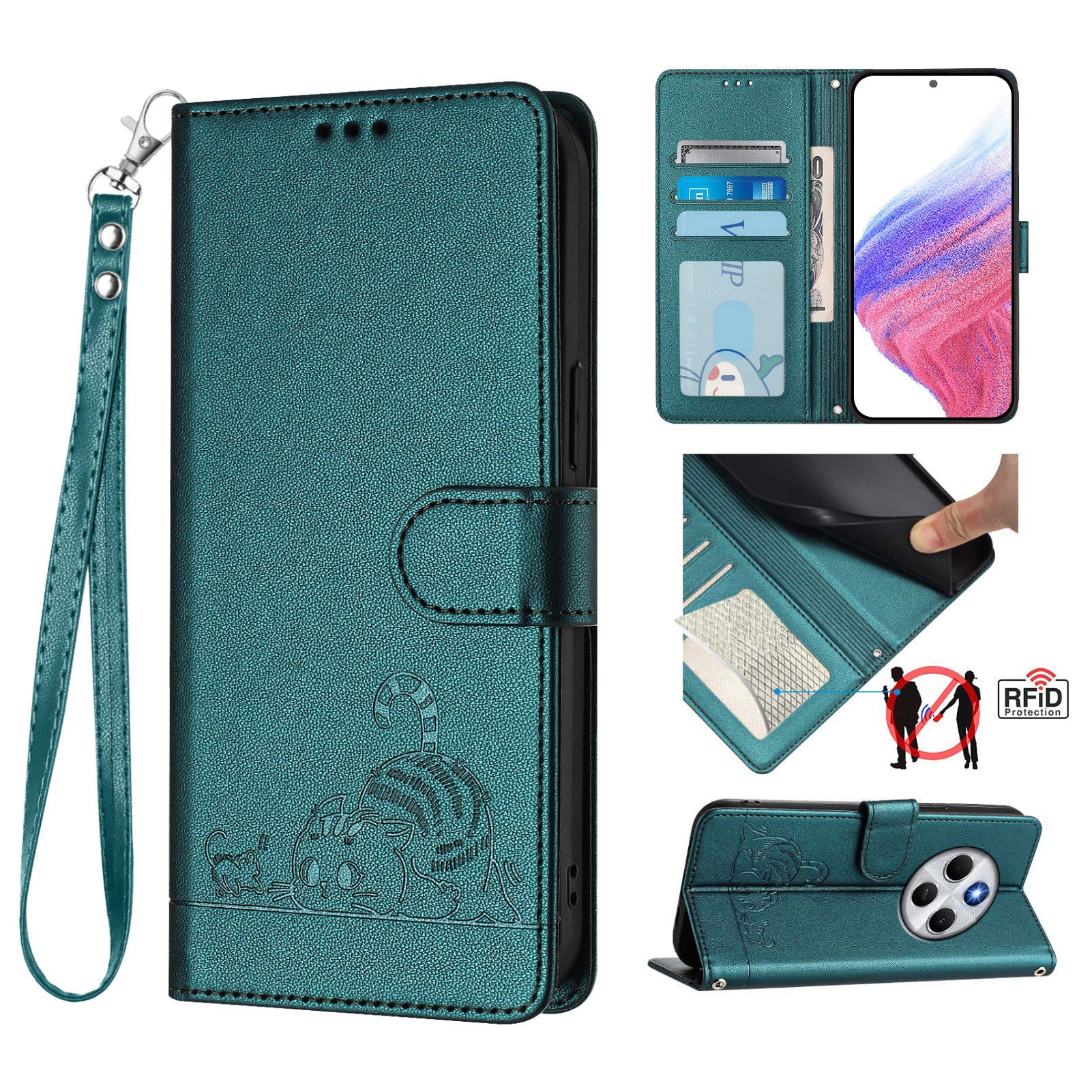 For Xiaomi Redmi 14R 5G / Xiaomi Poco C75 4G / Xiaomi Redmi 14C 4G Case with Strap RFID Blocking Leather Wallet Phone Cover Cat Mouse Pattern - Dark Green