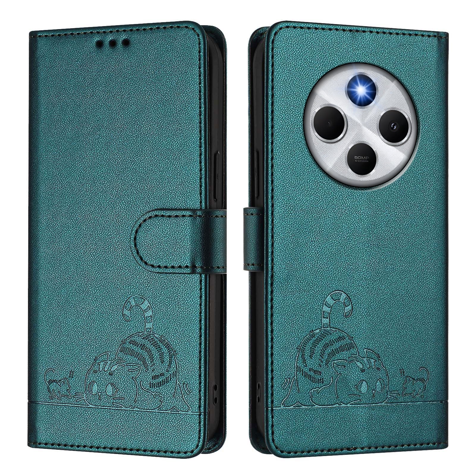 For Xiaomi Redmi 14R 5G / Xiaomi Poco C75 4G / Xiaomi Redmi 14C 4G Case with Strap RFID Blocking Leather Wallet Phone Cover Cat Mouse Pattern - Dark Green