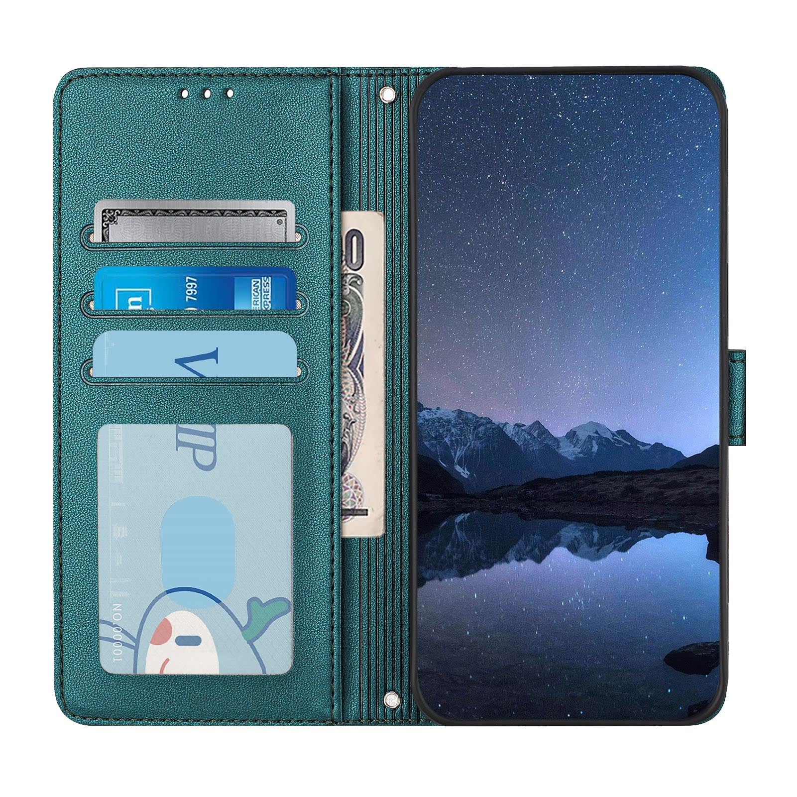 For Xiaomi Redmi 14R 5G / Xiaomi Poco C75 4G / Xiaomi Redmi 14C 4G Case with Strap RFID Blocking Leather Wallet Phone Cover Cat Mouse Pattern - Dark Green