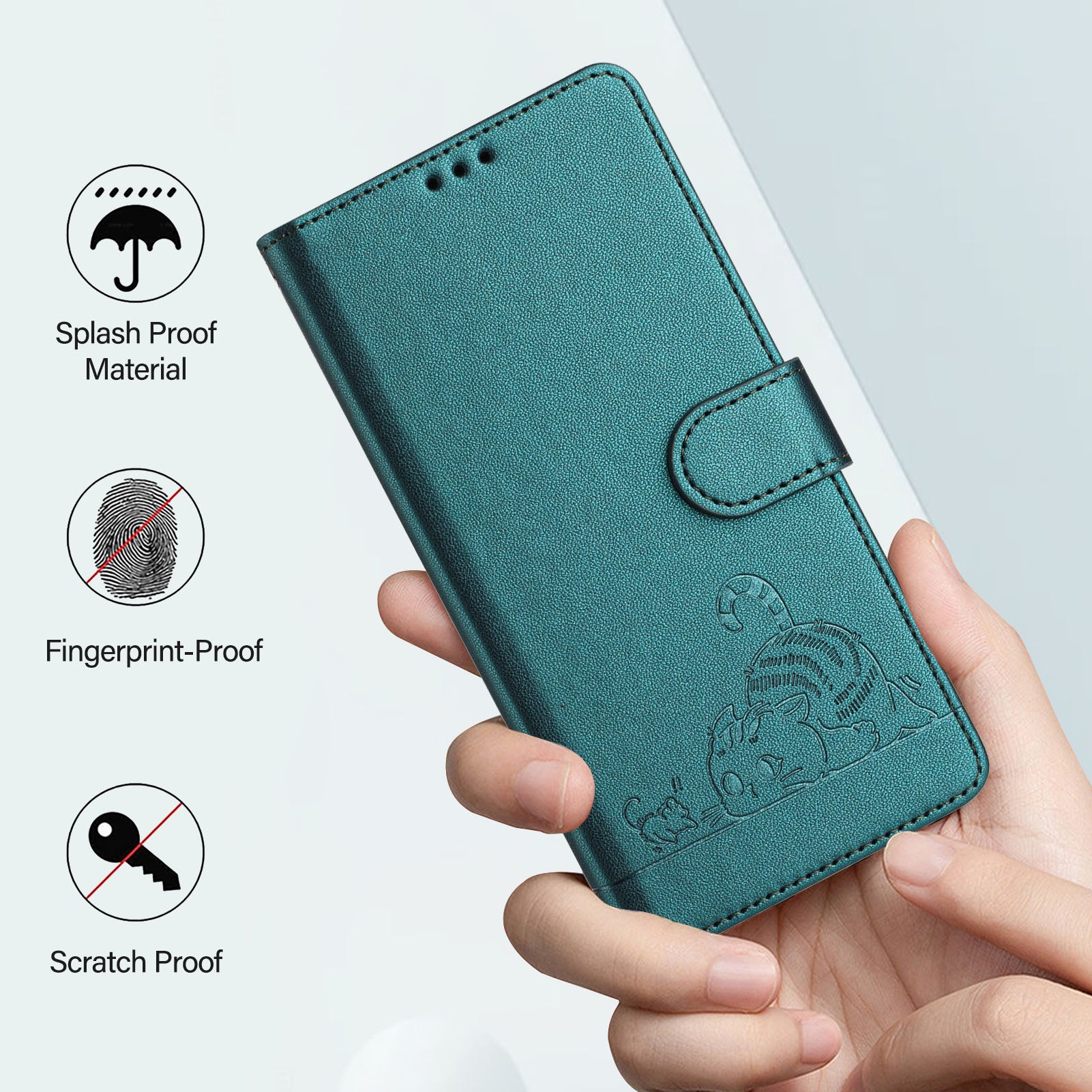 For Xiaomi Redmi 14R 5G / Xiaomi Poco C75 4G / Xiaomi Redmi 14C 4G Case with Strap RFID Blocking Leather Wallet Phone Cover Cat Mouse Pattern - Dark Green