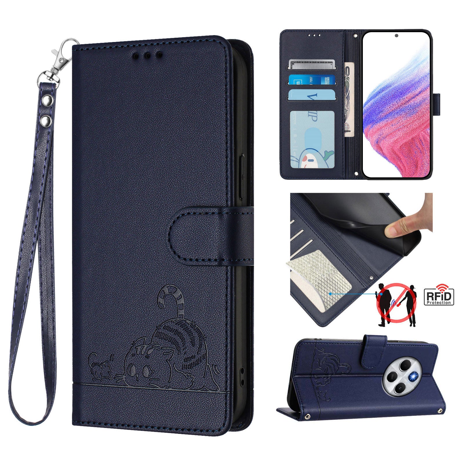 For Xiaomi Redmi 14R 5G / Xiaomi Poco C75 4G / Xiaomi Redmi 14C 4G Case with Strap RFID Blocking Leather Wallet Phone Cover Cat Mouse Pattern - Sapphire