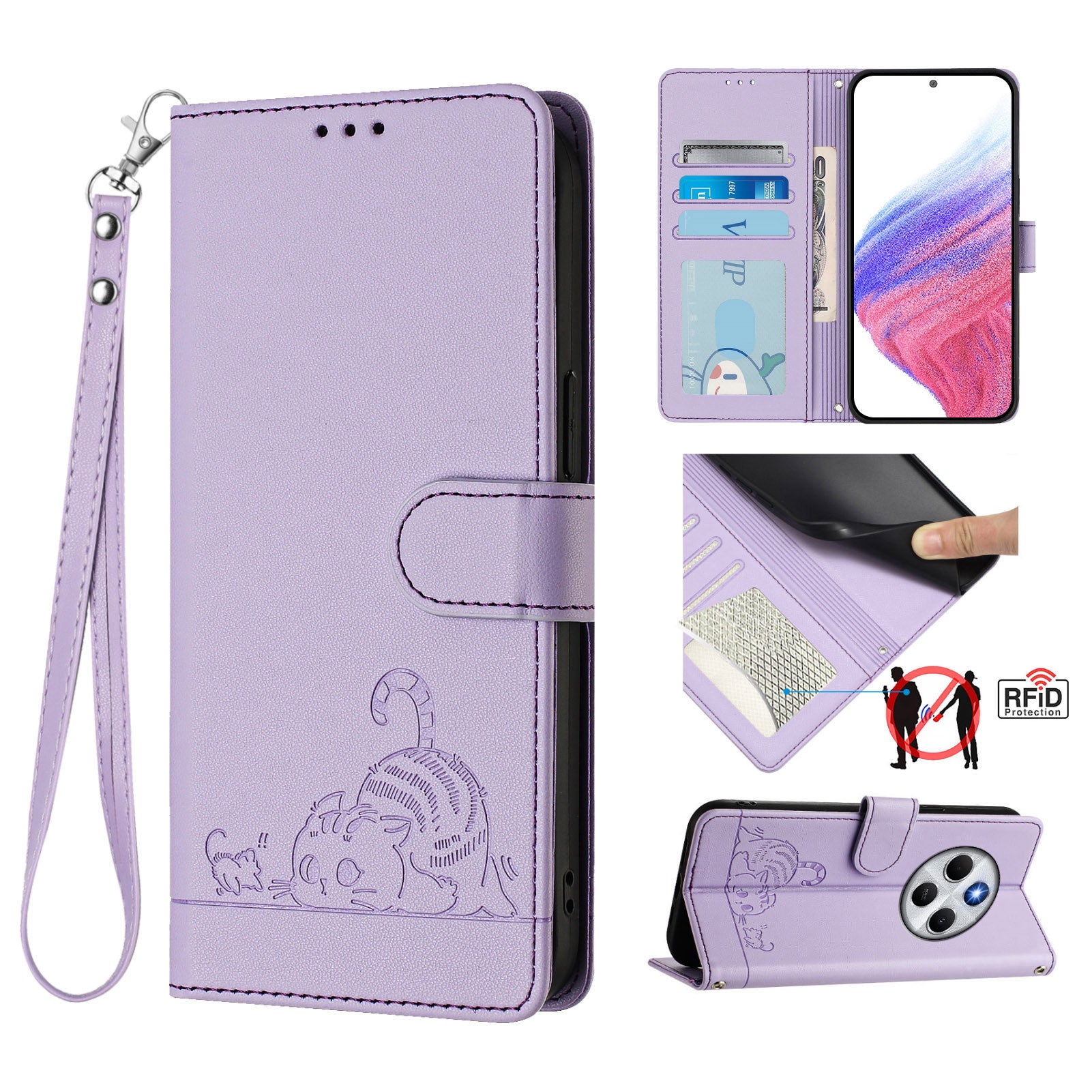 For Xiaomi Redmi 14R 5G / Xiaomi Poco C75 4G / Xiaomi Redmi 14C 4G Case with Strap RFID Blocking Leather Wallet Phone Cover Cat Mouse Pattern - Purple