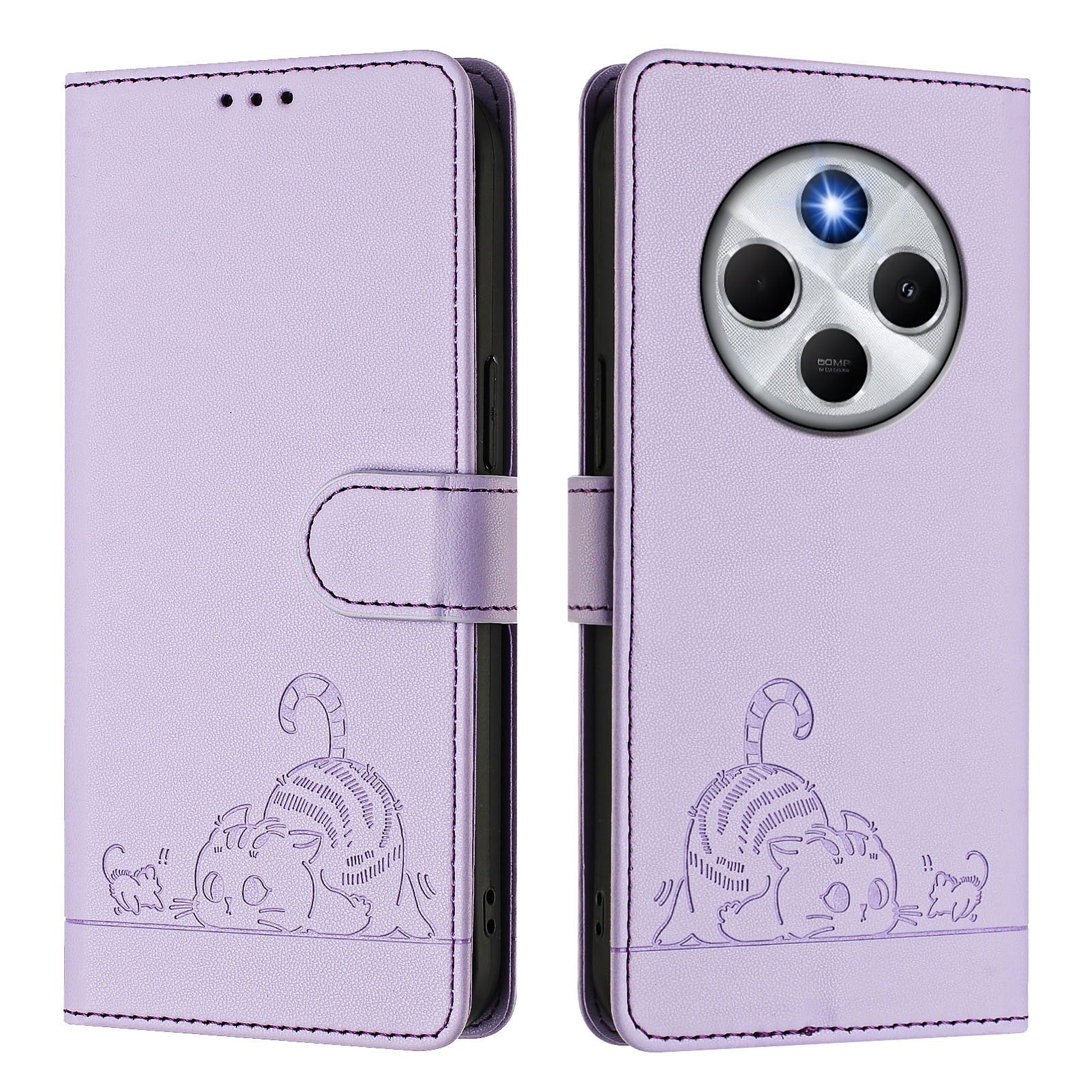 For Xiaomi Redmi 14R 5G / Xiaomi Poco C75 4G / Xiaomi Redmi 14C 4G Case with Strap RFID Blocking Leather Wallet Phone Cover Cat Mouse Pattern - Purple