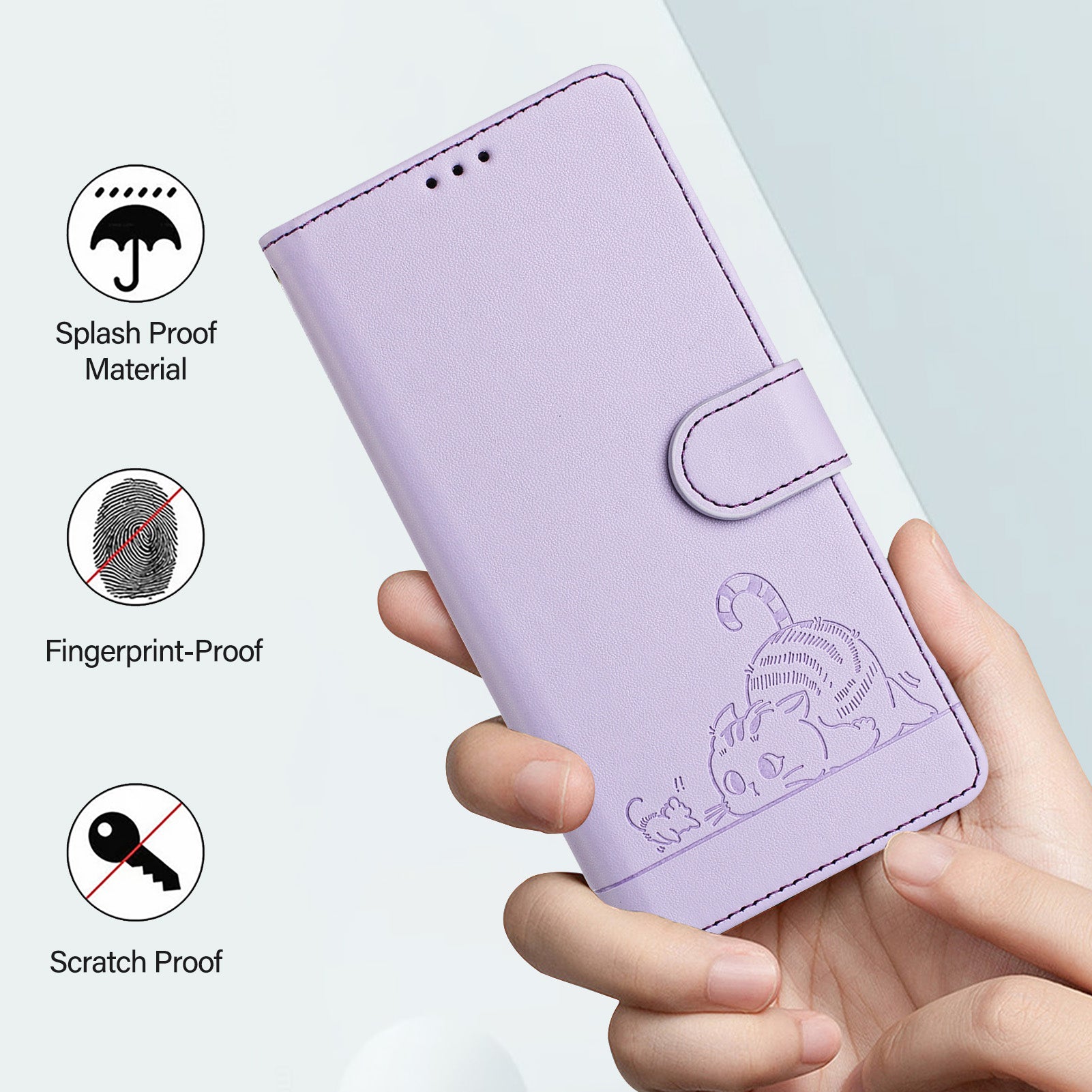 For Xiaomi Redmi 14R 5G / Xiaomi Poco C75 4G / Xiaomi Redmi 14C 4G Case with Strap RFID Blocking Leather Wallet Phone Cover Cat Mouse Pattern - Purple