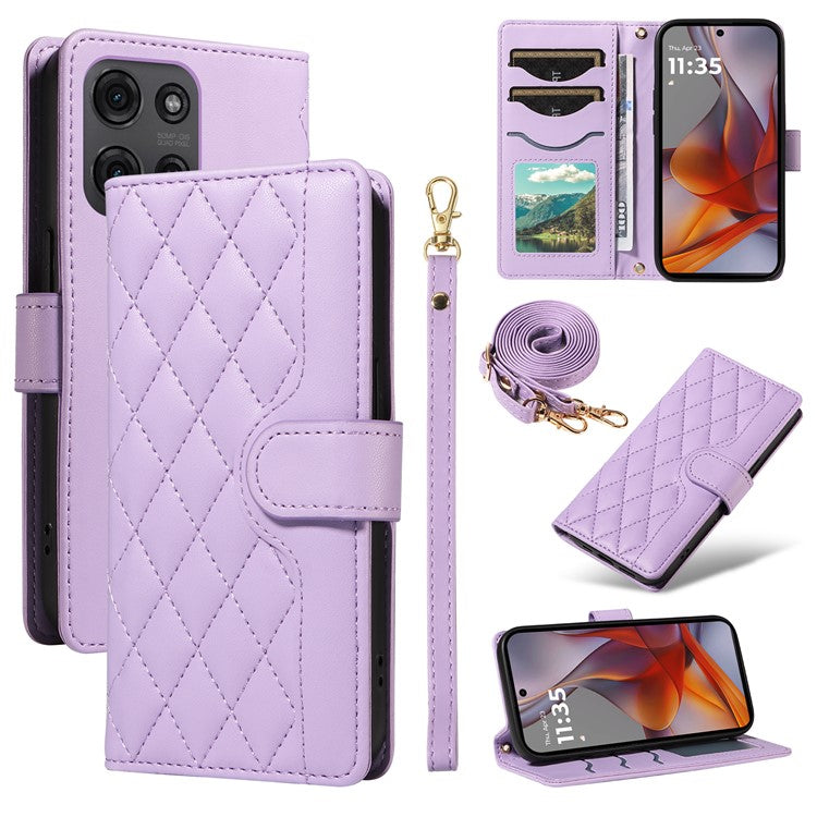 For Motorola Moto G75 5G Wallet Case Rhombus Leather Phone Cover with Shoulder Strap, Wrist Strap - Light Purple