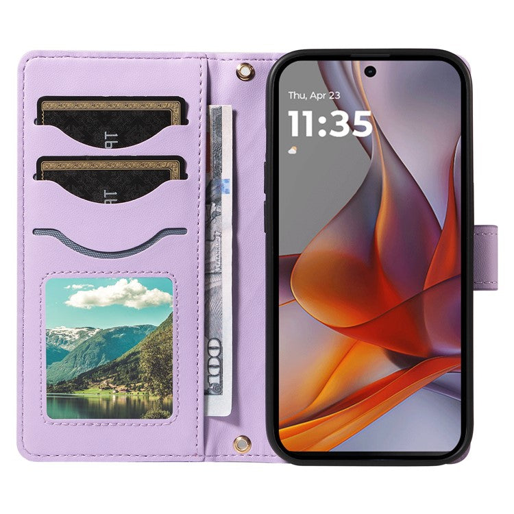 For Motorola Moto G75 5G Wallet Case Rhombus Leather Phone Cover with Shoulder Strap, Wrist Strap - Light Purple