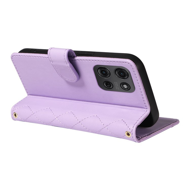 For Motorola Moto G75 5G Wallet Case Rhombus Leather Phone Cover with Shoulder Strap, Wrist Strap - Light Purple