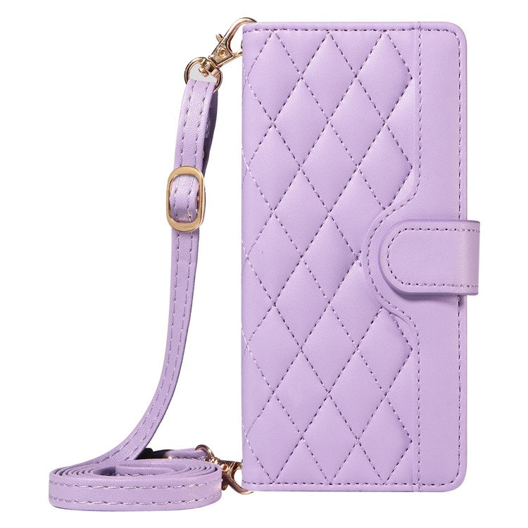 For Motorola Moto G75 5G Wallet Case Rhombus Leather Phone Cover with Shoulder Strap, Wrist Strap - Light Purple