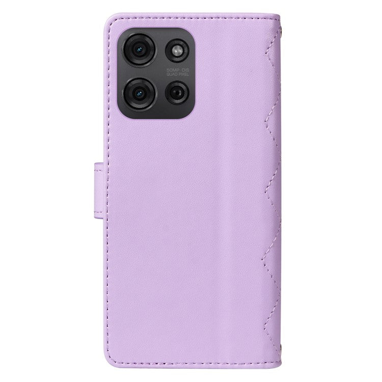 For Motorola Moto G75 5G Wallet Case Rhombus Leather Phone Cover with Shoulder Strap, Wrist Strap - Light Purple