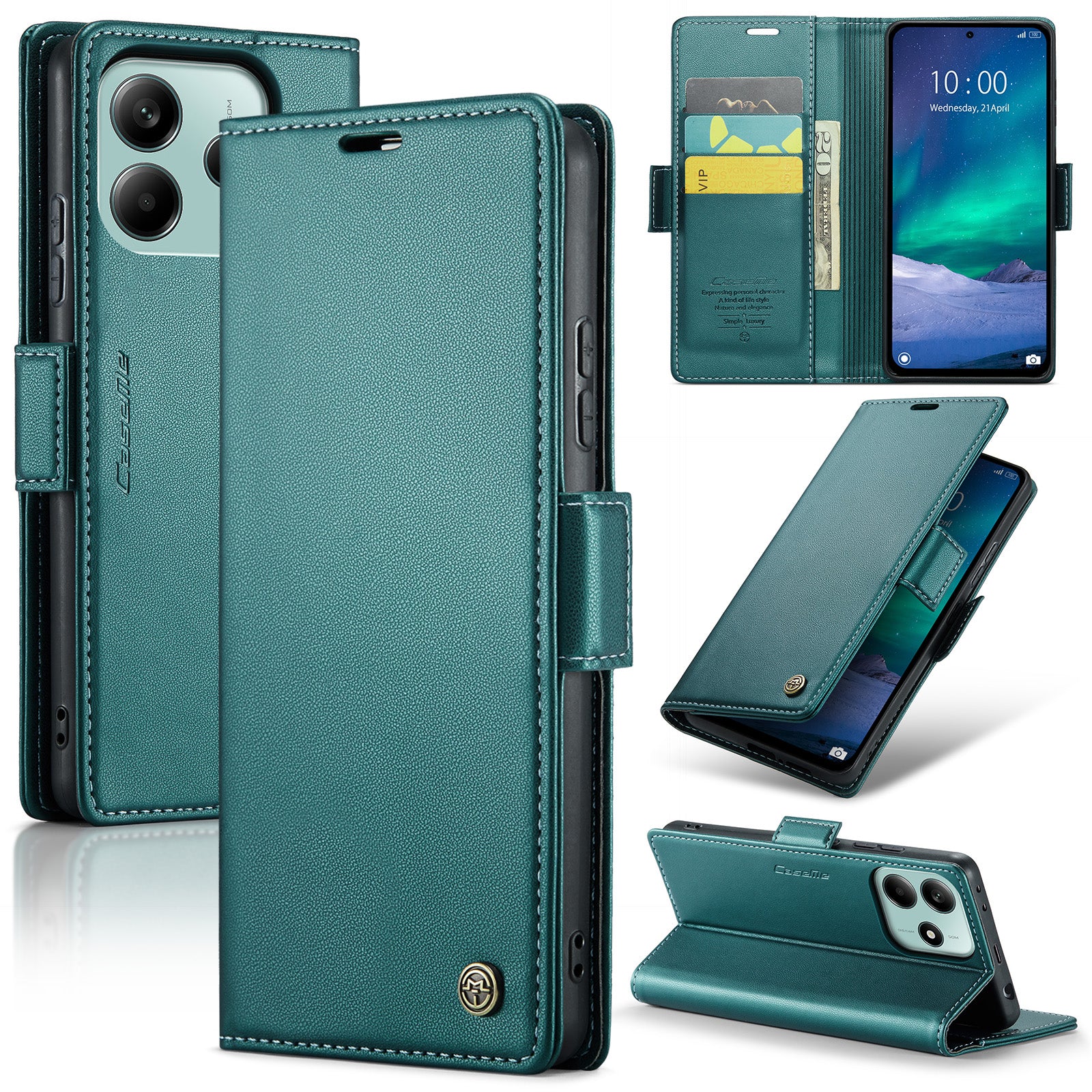 For Xiaomi Redmi Note 14 5G Case CASEME 023 Series RFID Blocking Leather Wallet Stand Phone Cover - Green