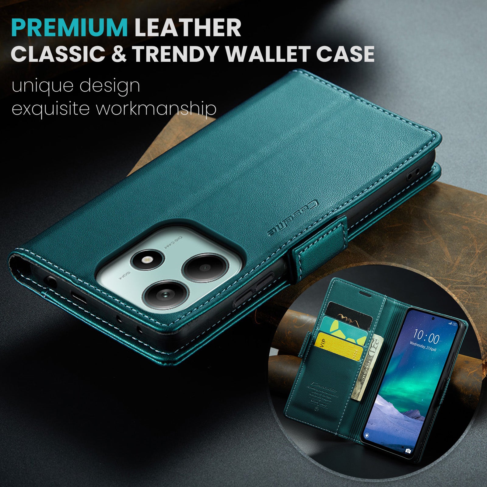 For Xiaomi Redmi Note 14 5G Case CASEME 023 Series RFID Blocking Leather Wallet Stand Phone Cover - Green