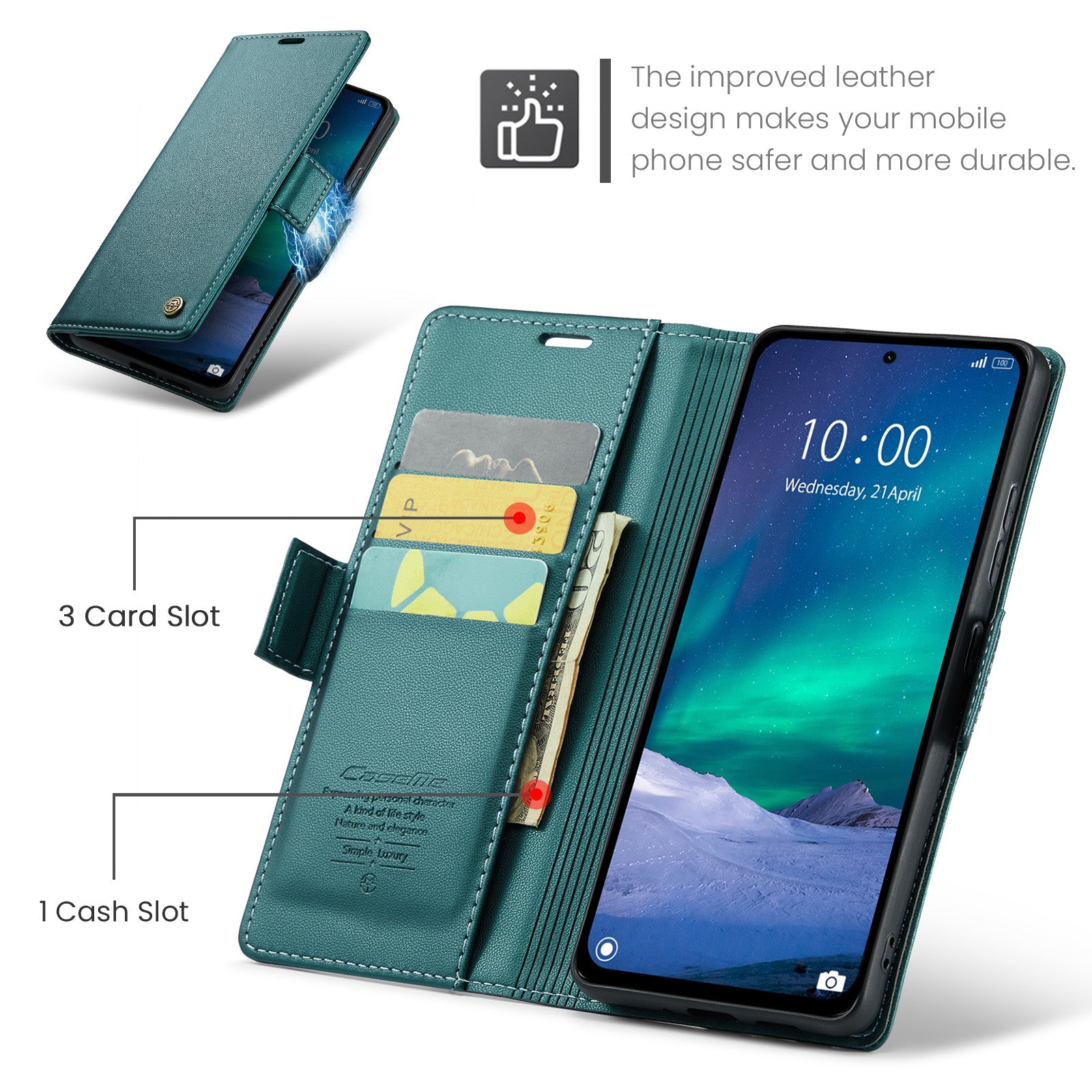 For Xiaomi Redmi Note 14 5G Case CASEME 023 Series RFID Blocking Leather Wallet Stand Phone Cover - Green