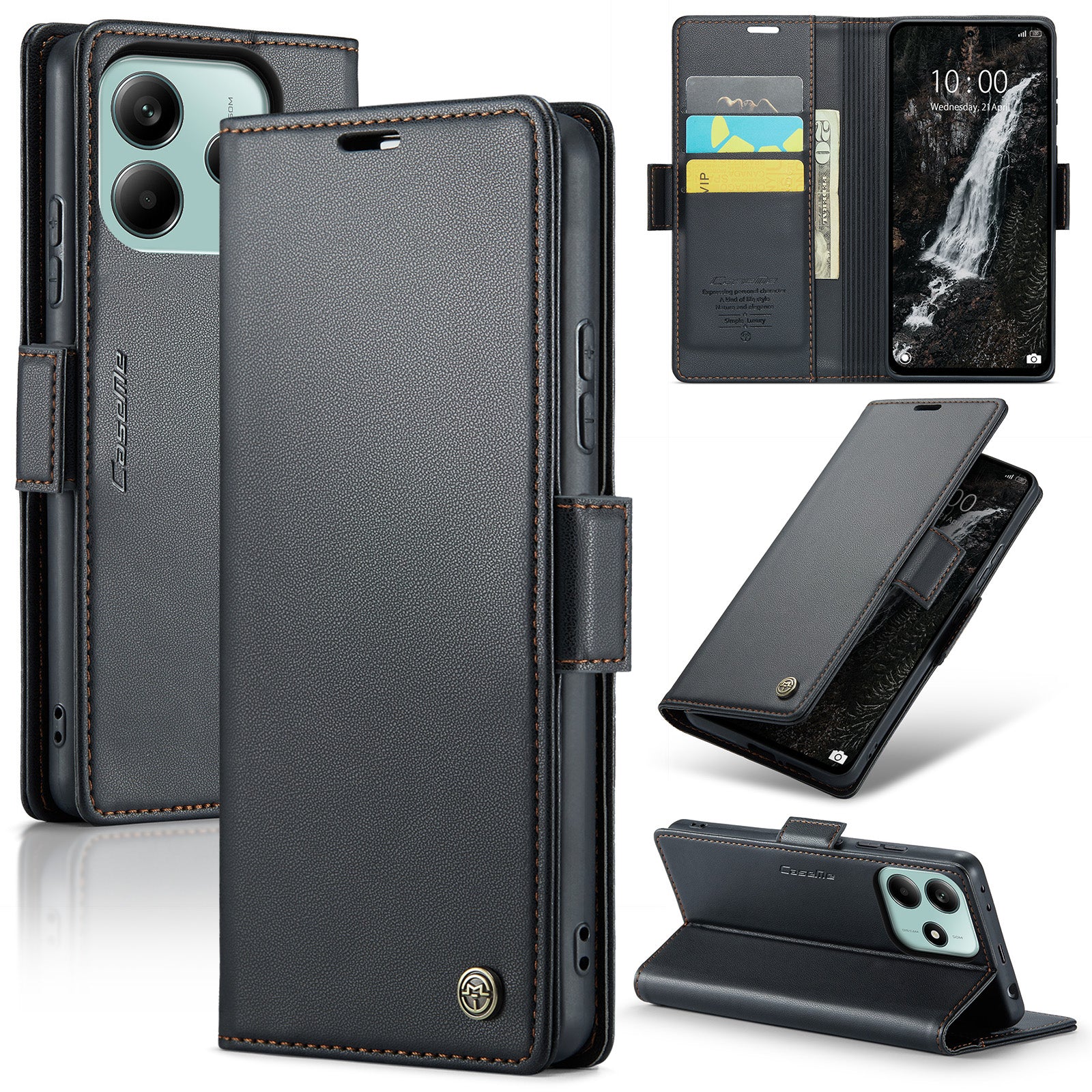 For Xiaomi Redmi Note 14 5G Case CASEME 023 Series RFID Blocking Leather Wallet Stand Phone Cover - Black