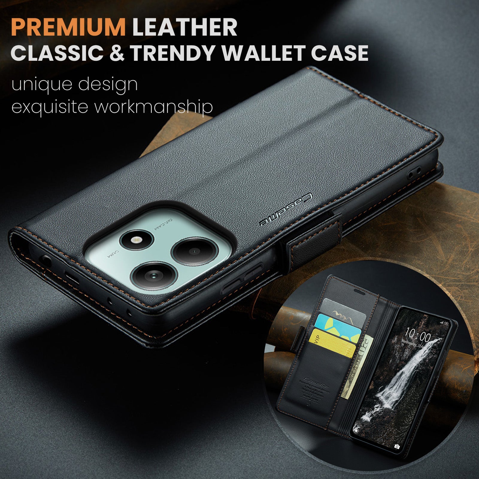 For Xiaomi Redmi Note 14 5G Case CASEME 023 Series RFID Blocking Leather Wallet Stand Phone Cover - Black