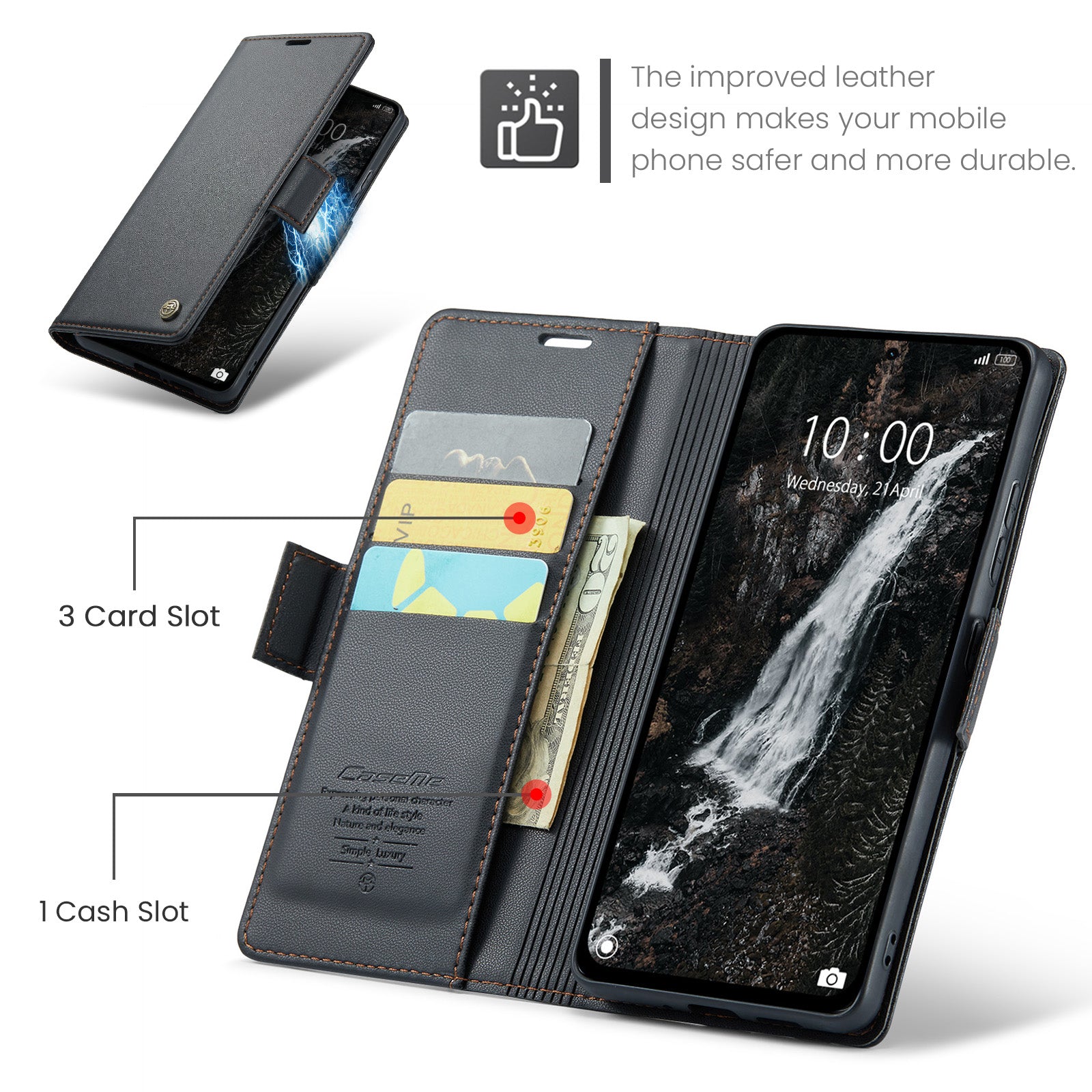 For Xiaomi Redmi Note 14 5G Case CASEME 023 Series RFID Blocking Leather Wallet Stand Phone Cover - Black