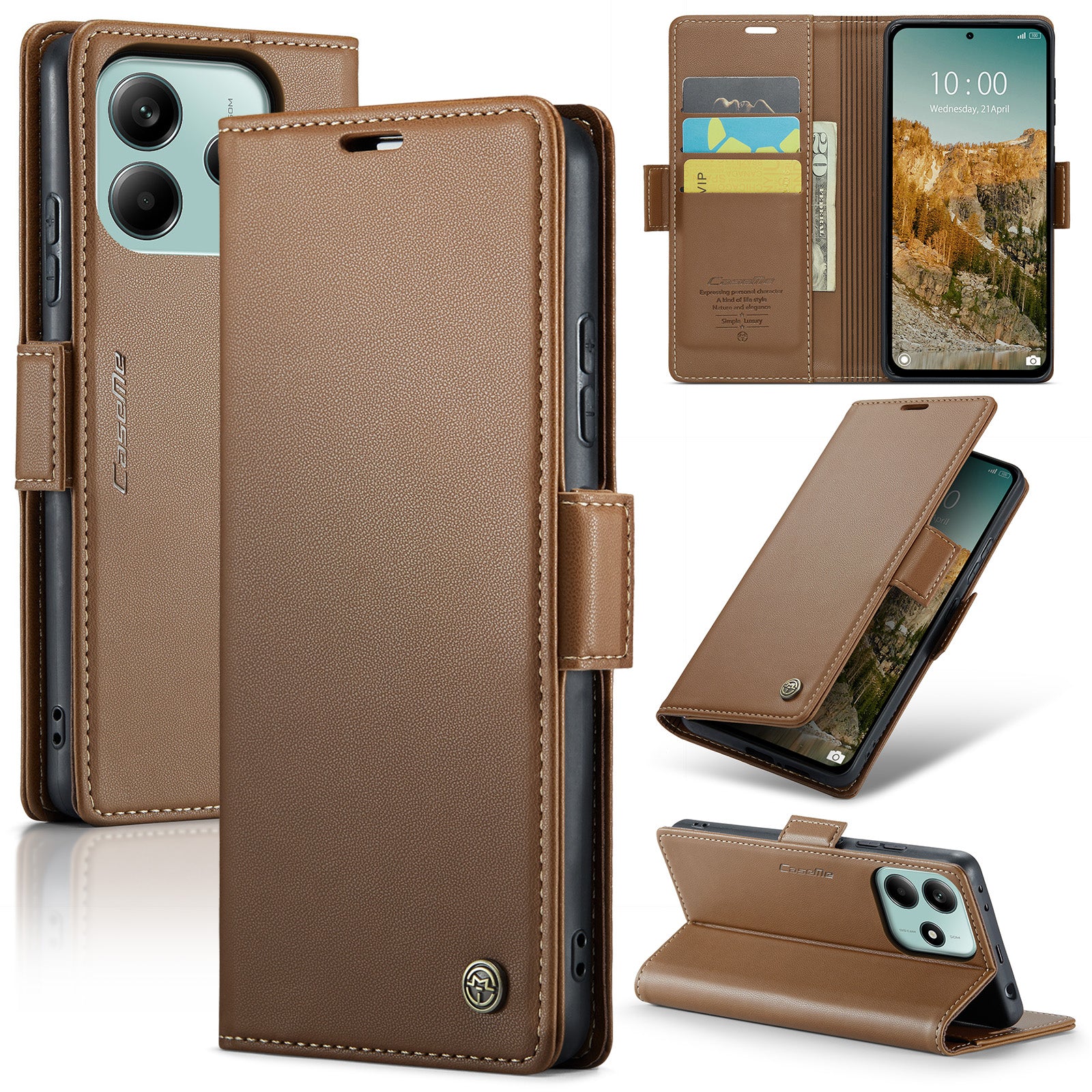 For Xiaomi Redmi Note 14 5G Case CASEME 023 Series RFID Blocking Leather Wallet Stand Phone Cover - Brown