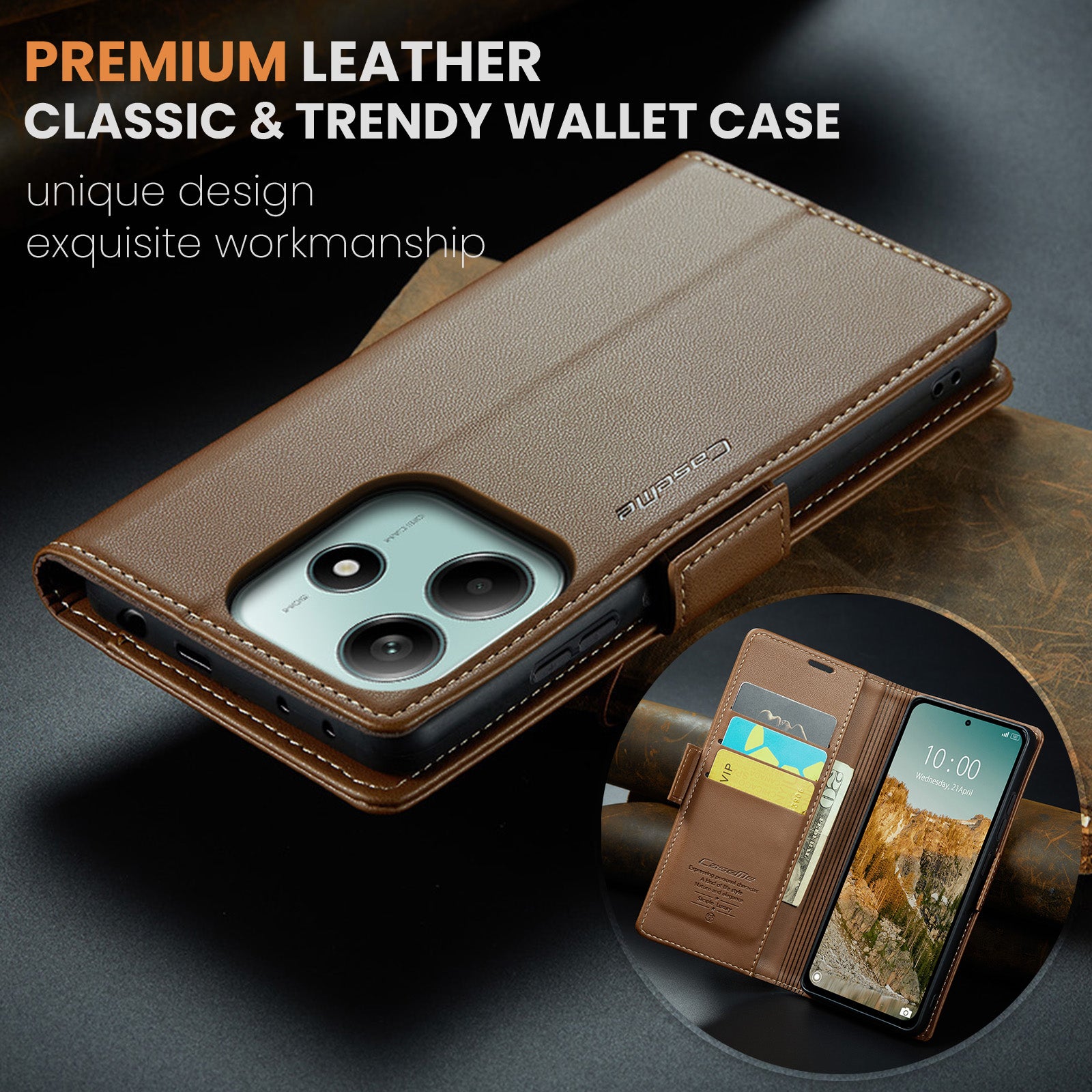 For Xiaomi Redmi Note 14 5G Case CASEME 023 Series RFID Blocking Leather Wallet Stand Phone Cover - Brown