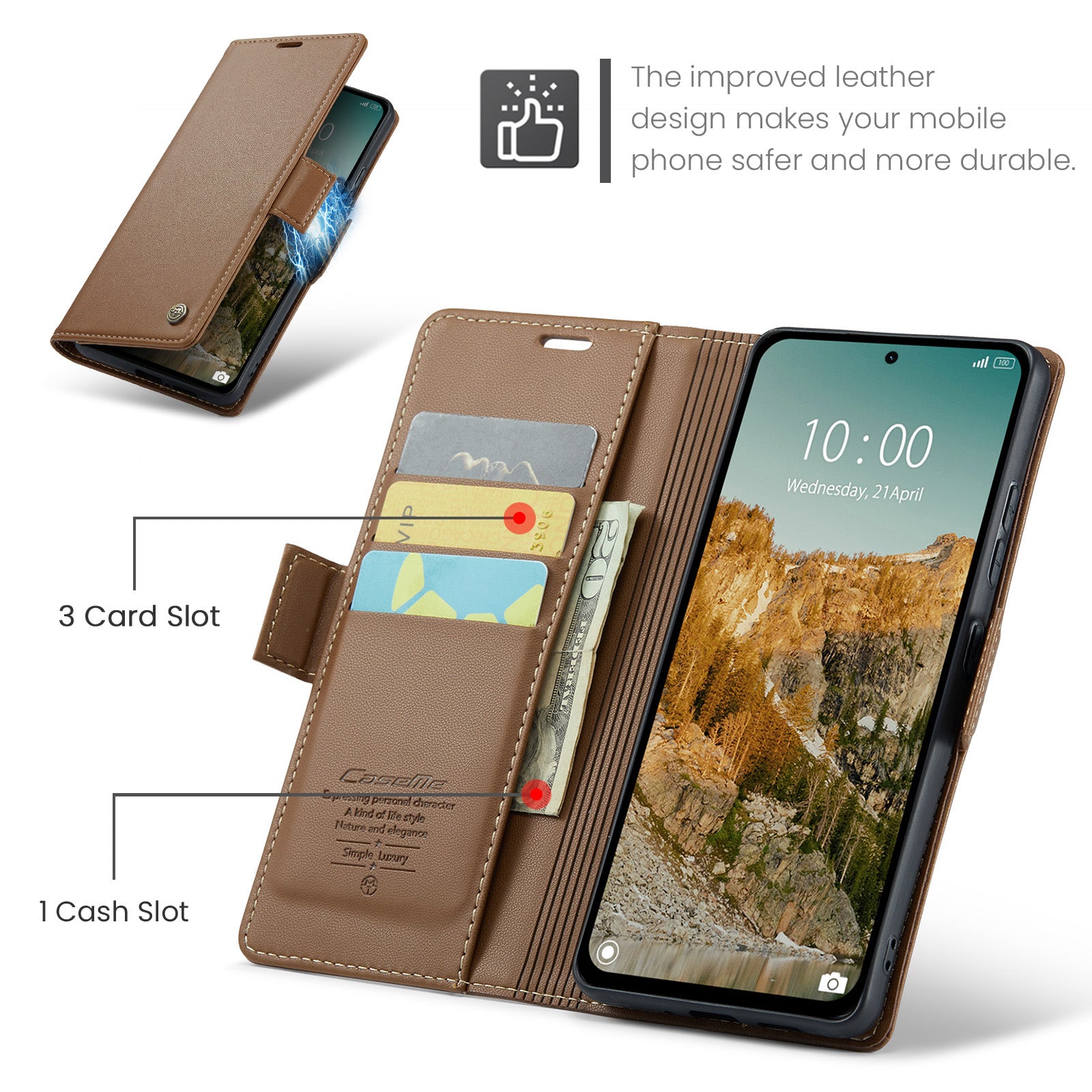 For Xiaomi Redmi Note 14 5G Case CASEME 023 Series RFID Blocking Leather Wallet Stand Phone Cover - Brown