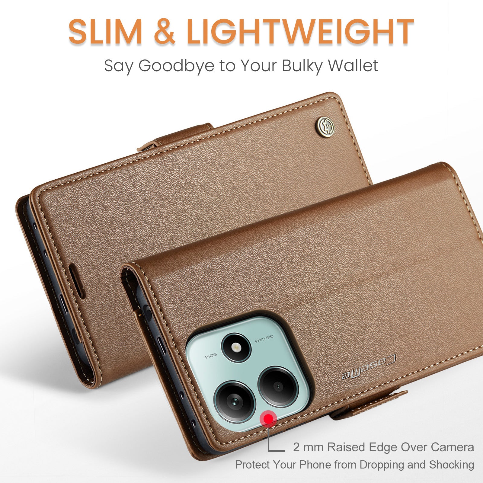 For Xiaomi Redmi Note 14 5G Case CASEME 023 Series RFID Blocking Leather Wallet Stand Phone Cover - Brown