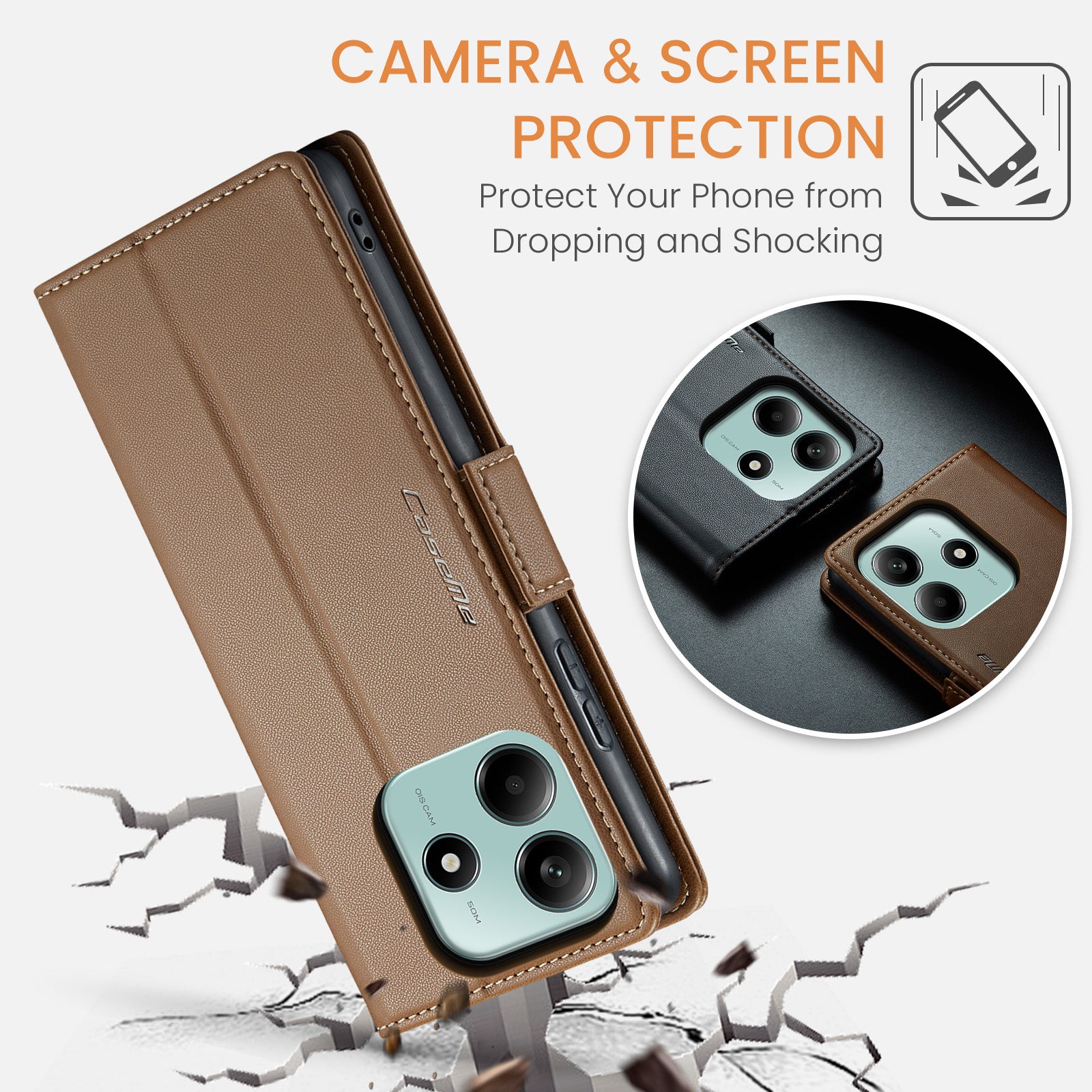 For Xiaomi Redmi Note 14 5G Case CASEME 023 Series RFID Blocking Leather Wallet Stand Phone Cover - Brown