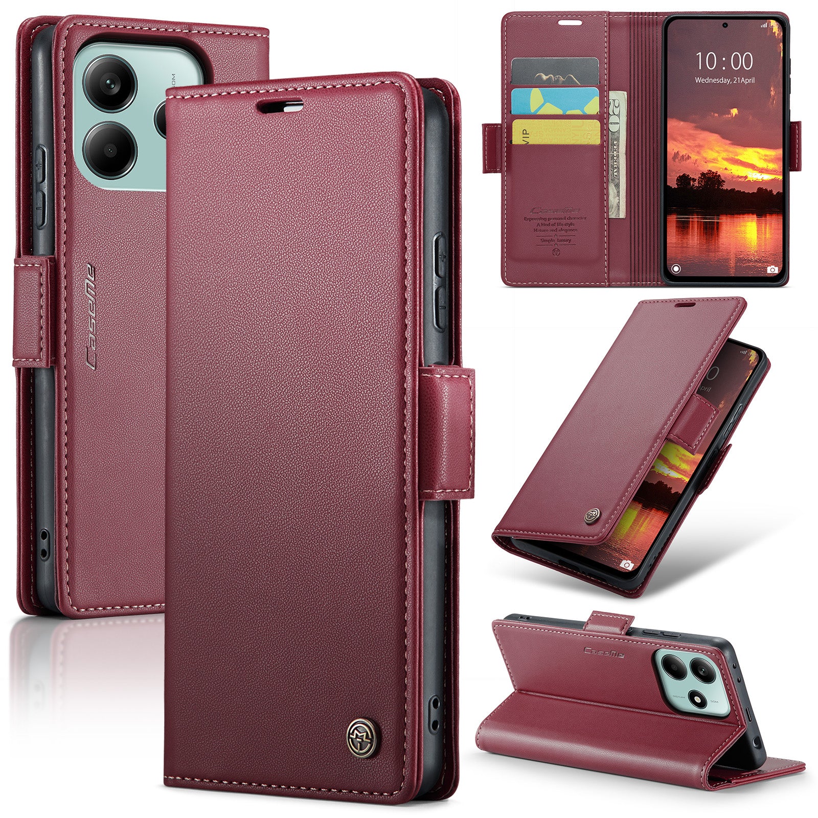 For Xiaomi Redmi Note 14 5G Case CASEME 023 Series RFID Blocking Leather Wallet Stand Phone Cover - Red