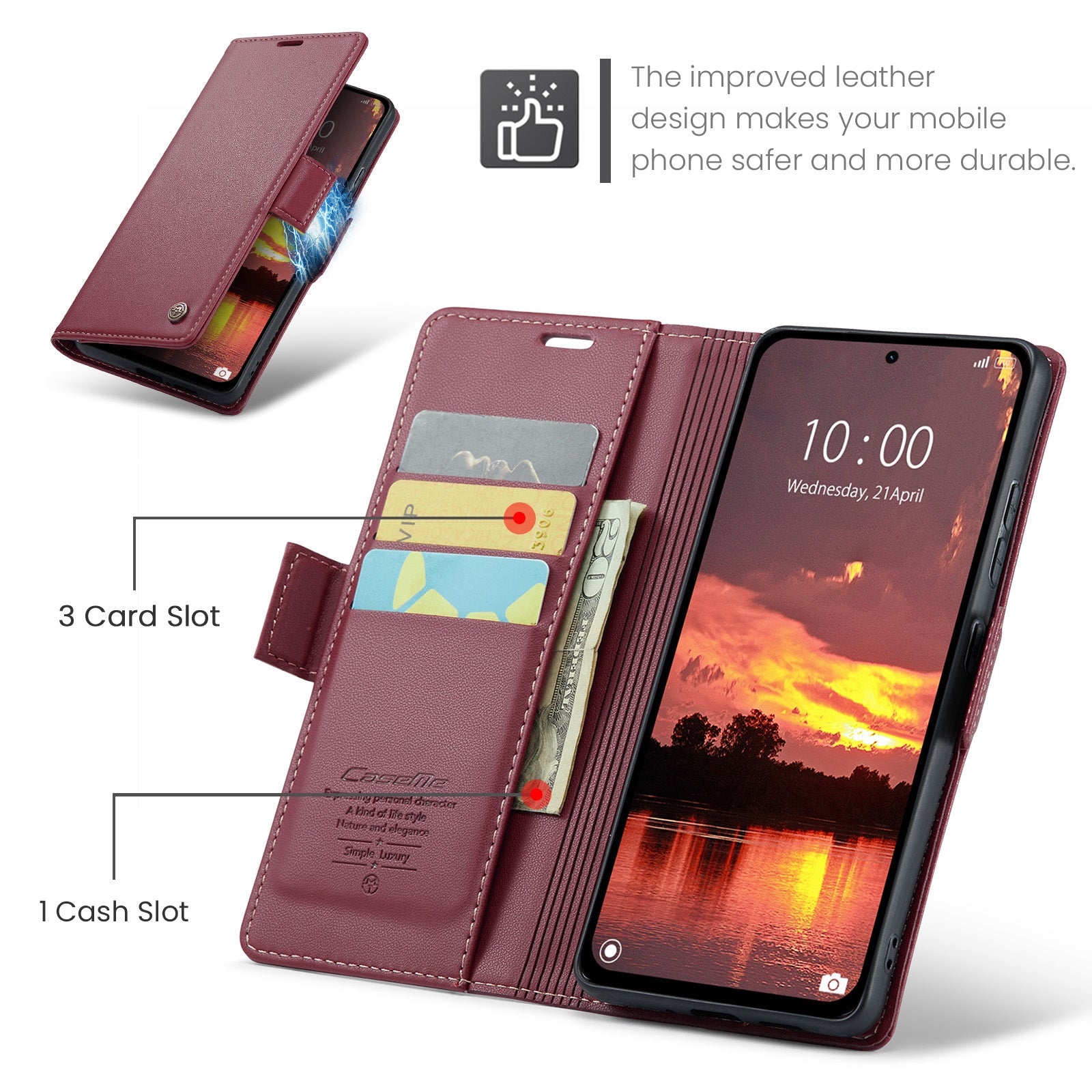 For Xiaomi Redmi Note 14 5G Case CASEME 023 Series RFID Blocking Leather Wallet Stand Phone Cover - Red