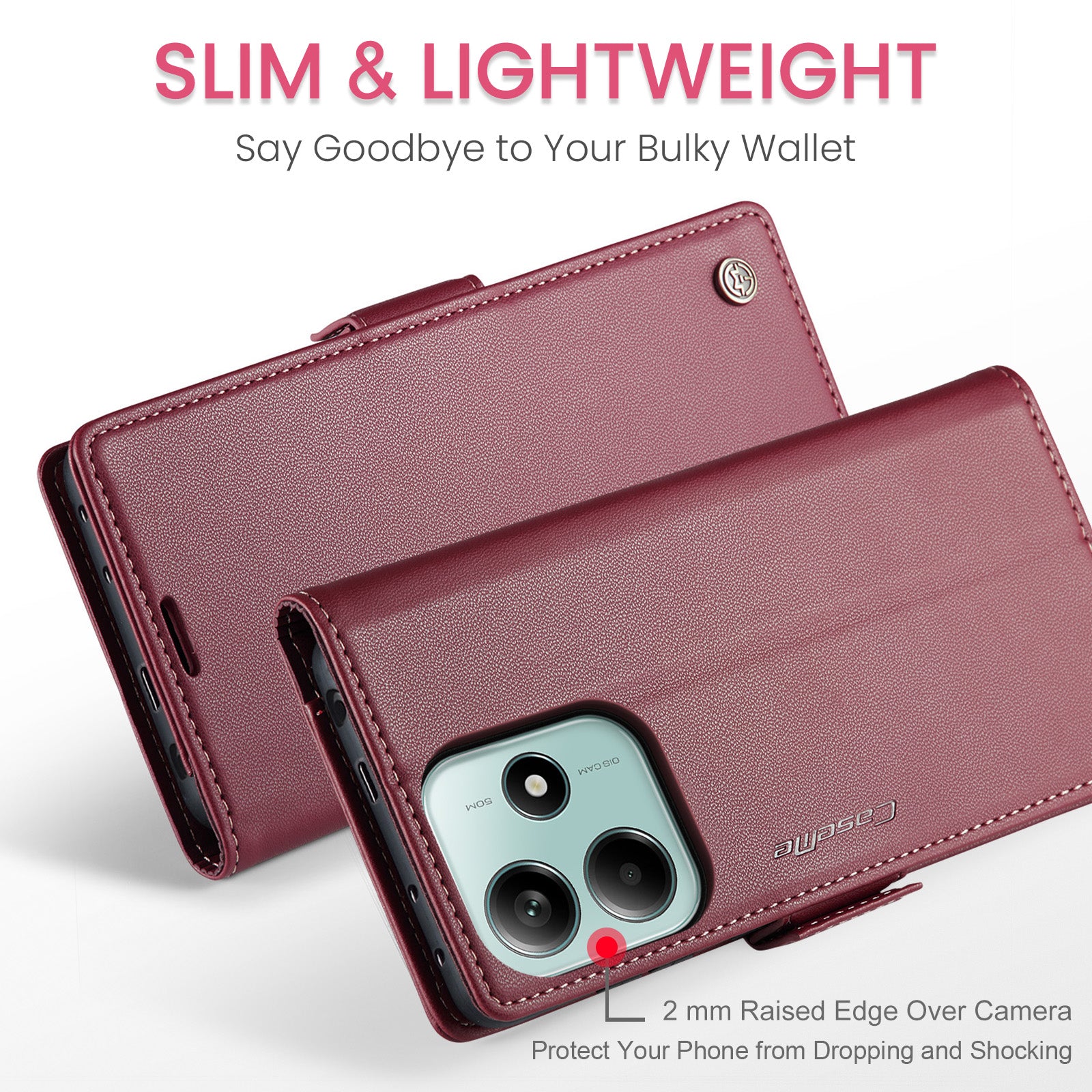 For Xiaomi Redmi Note 14 5G Case CASEME 023 Series RFID Blocking Leather Wallet Stand Phone Cover - Red