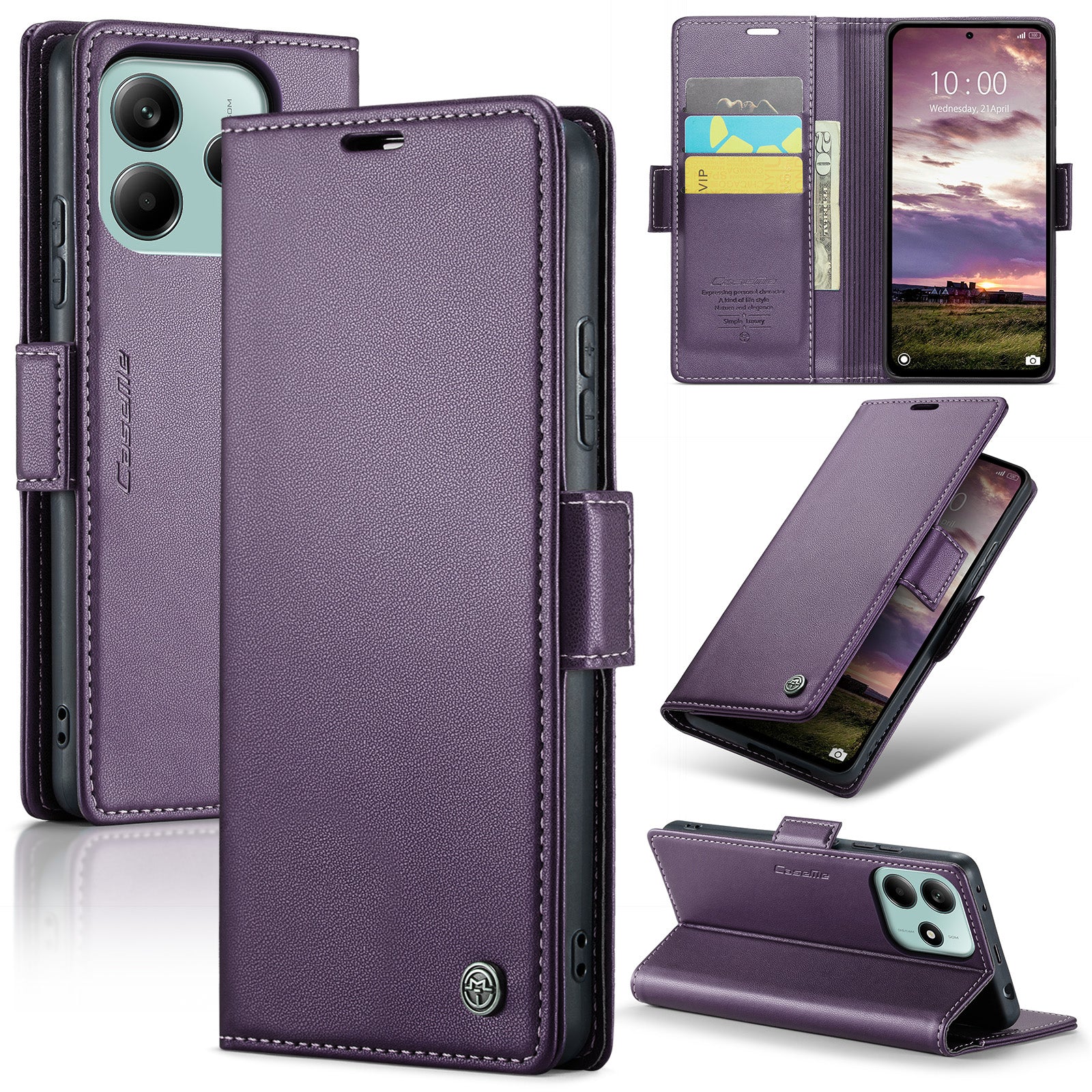 For Xiaomi Redmi Note 14 5G Case CASEME 023 Series RFID Blocking Leather Wallet Stand Phone Cover - Purple