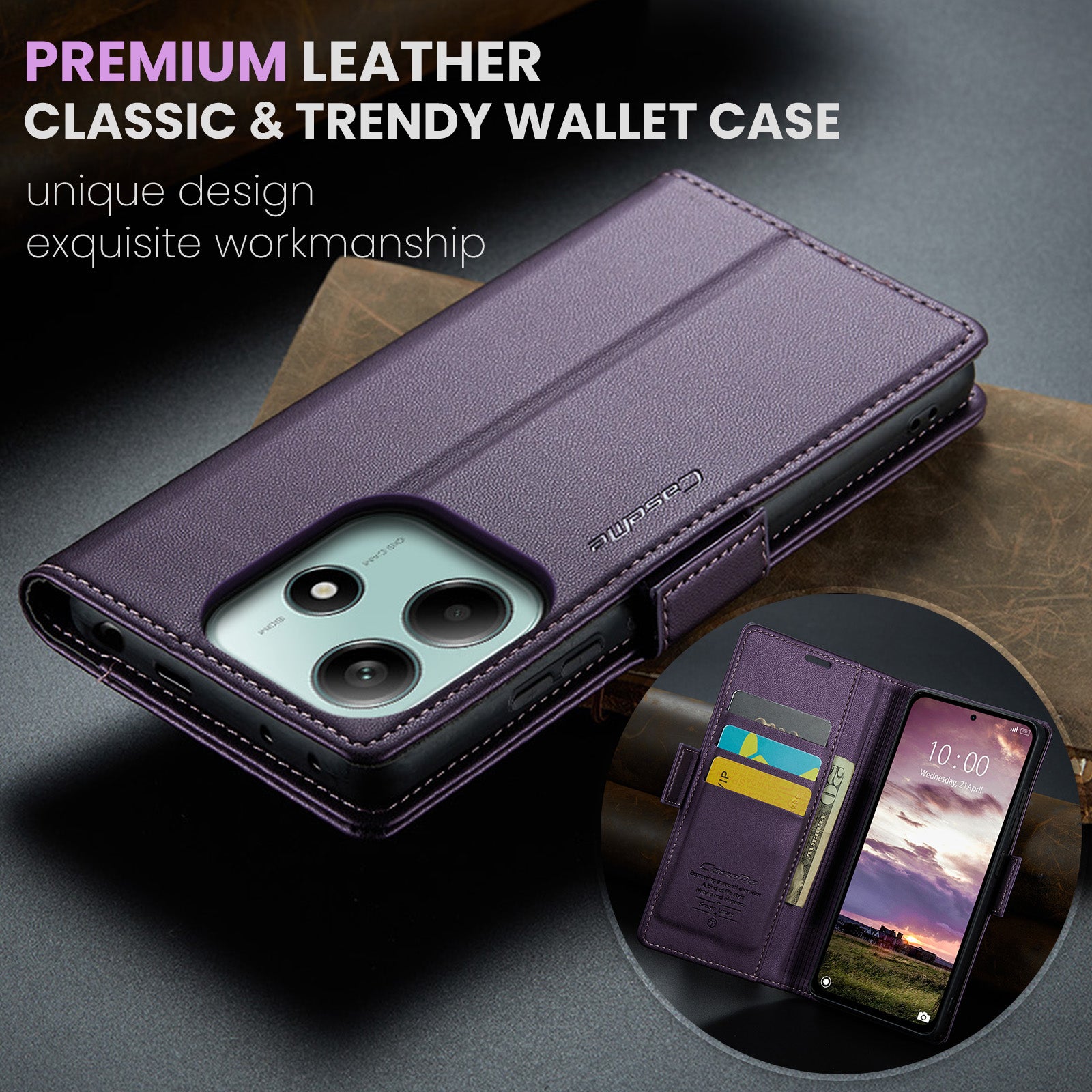 For Xiaomi Redmi Note 14 5G Case CASEME 023 Series RFID Blocking Leather Wallet Stand Phone Cover - Purple