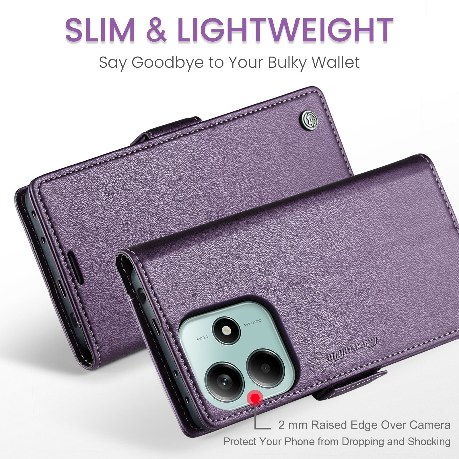 For Xiaomi Redmi Note 14 5G Case CASEME 023 Series RFID Blocking Leather Wallet Stand Phone Cover - Purple