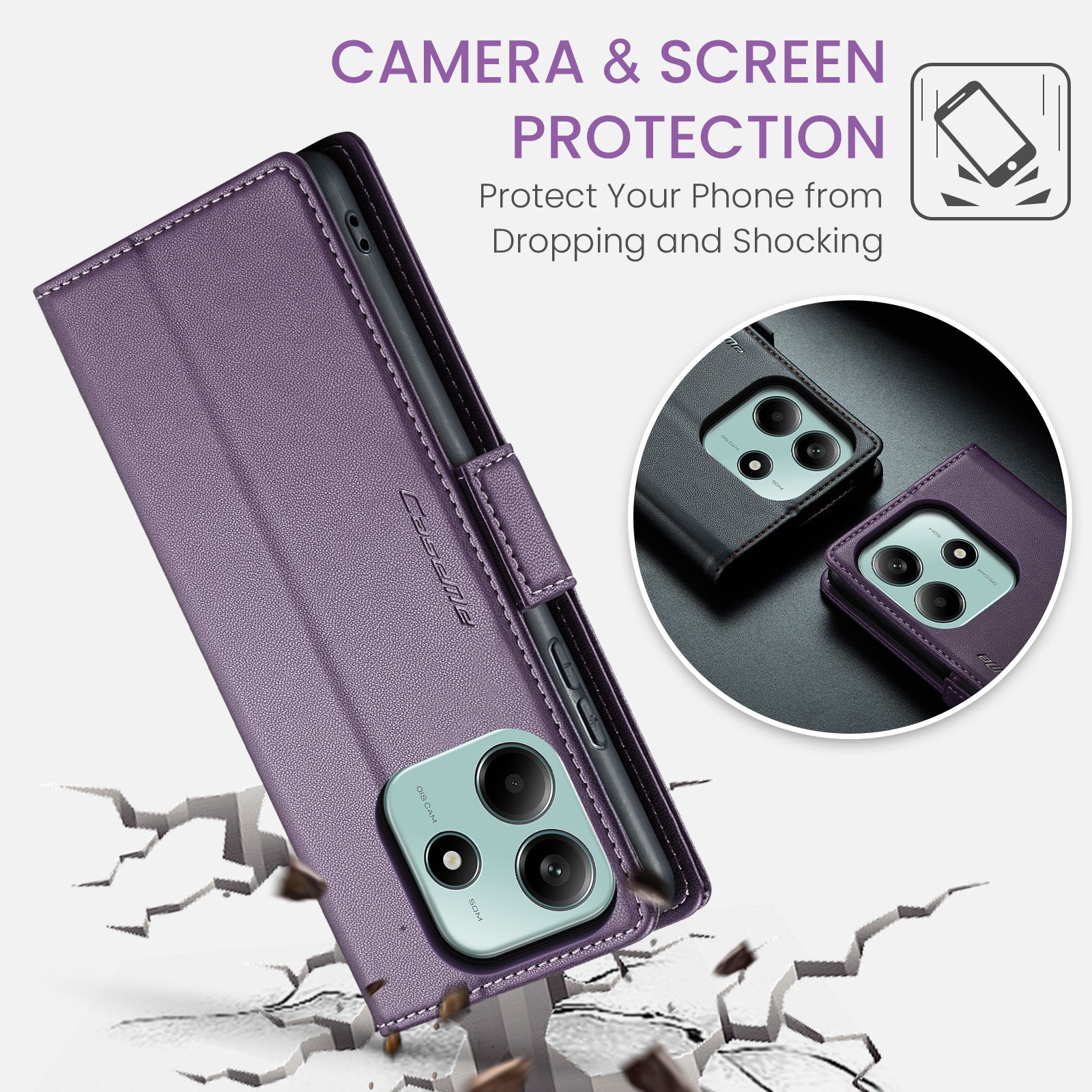 For Xiaomi Redmi Note 14 5G Case CASEME 023 Series RFID Blocking Leather Wallet Stand Phone Cover - Purple