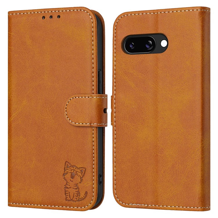 For Google Pixel 9a Case Happy Cat Pattern Imprinted Leather Wallet Phone Cover - Yellow